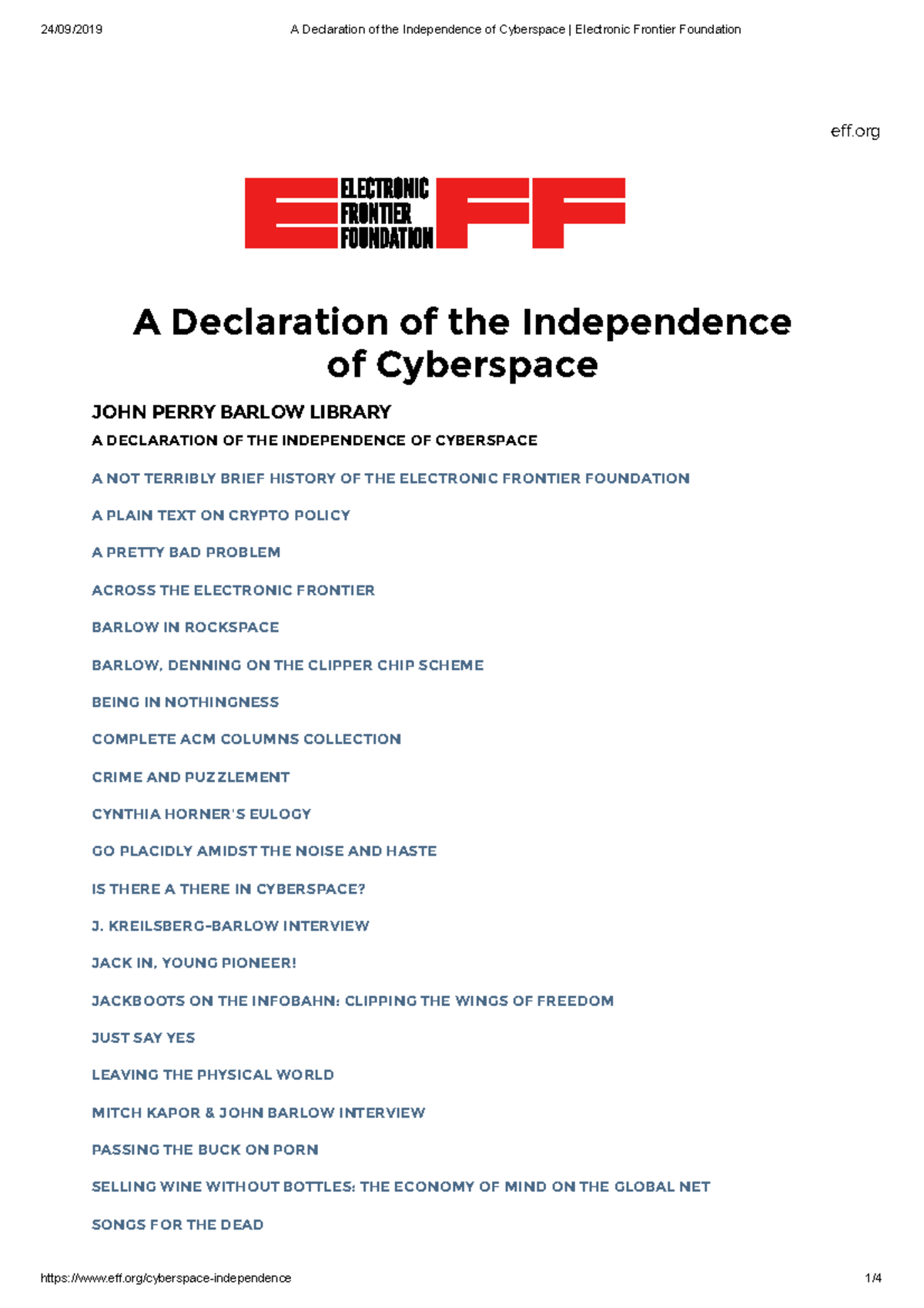 A Declaration of the Independence of Cyberspace Electronic Frontier