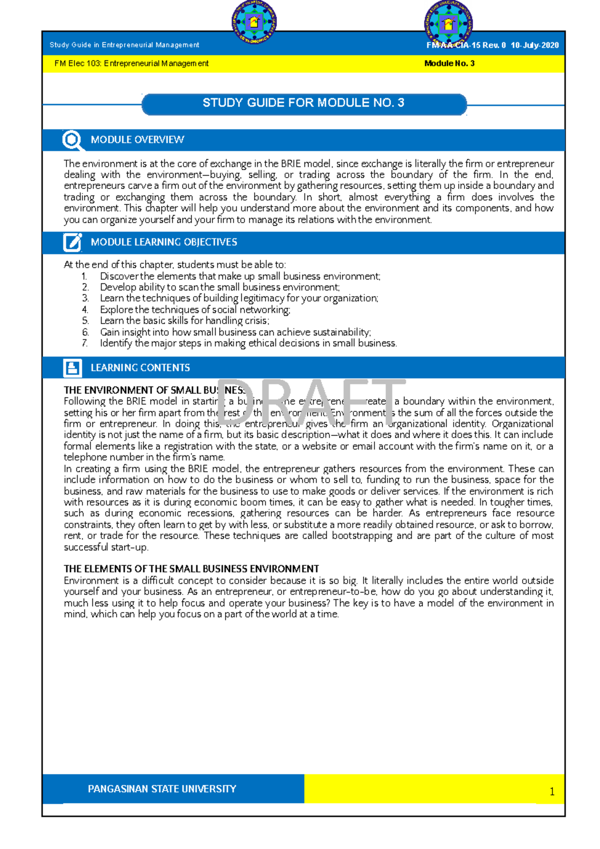 Study Guide 3 Entrep Management - Module Overview The Environment Is At 