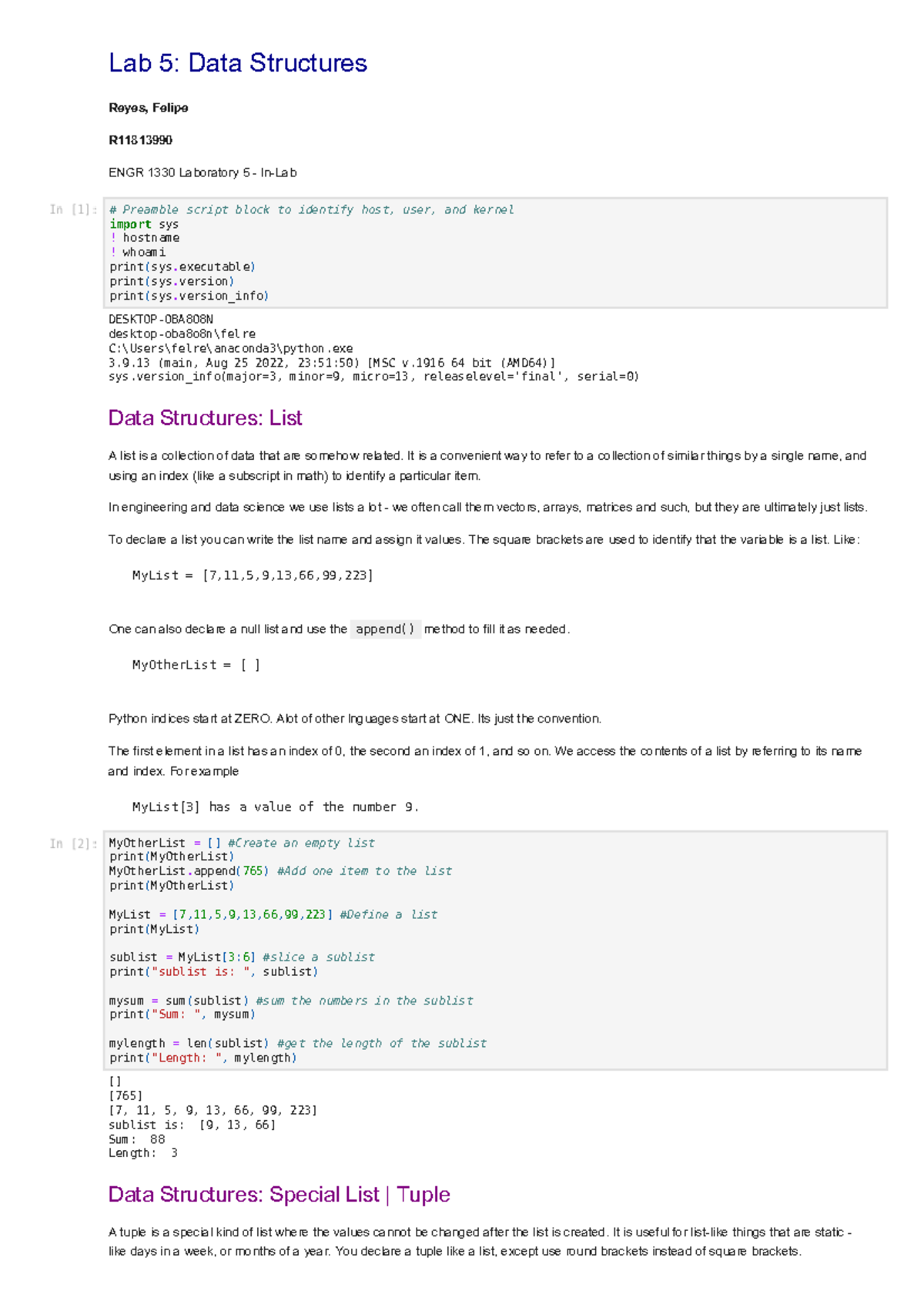 Lab05 - Lab 5: Data Structures Reyes, Felipe R ENGR 1330 Laboratory 5 ...