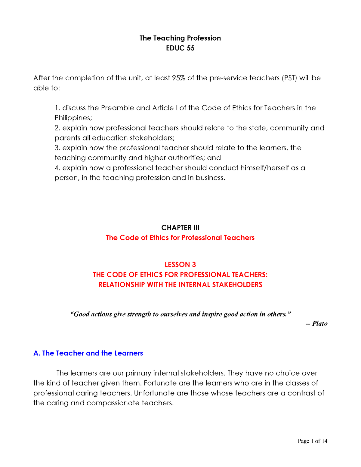 Chapter Iii The Code Of Ethics For Professional Teacher Part Ii The Teaching Profession Educ 55 Studocu