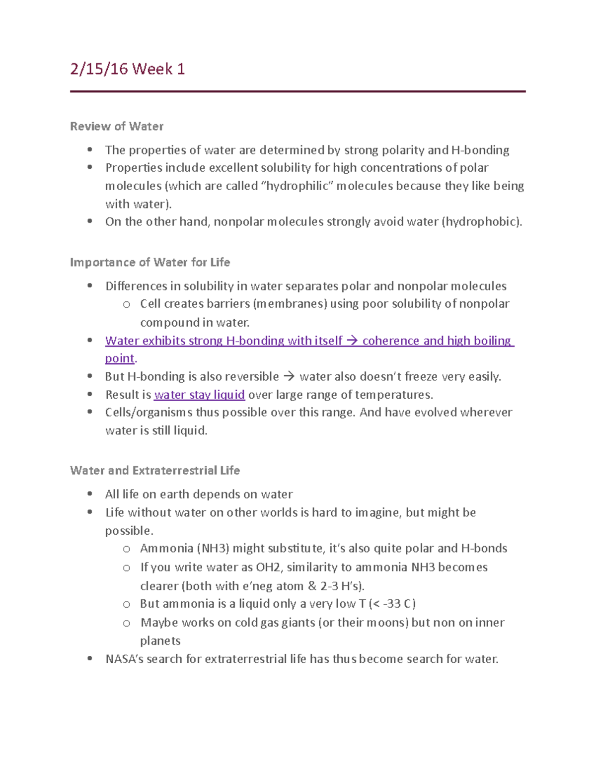 Unit 2 - Lecture notes All of Unit 2 - 2/15/16 Week 1 Review of Water ...