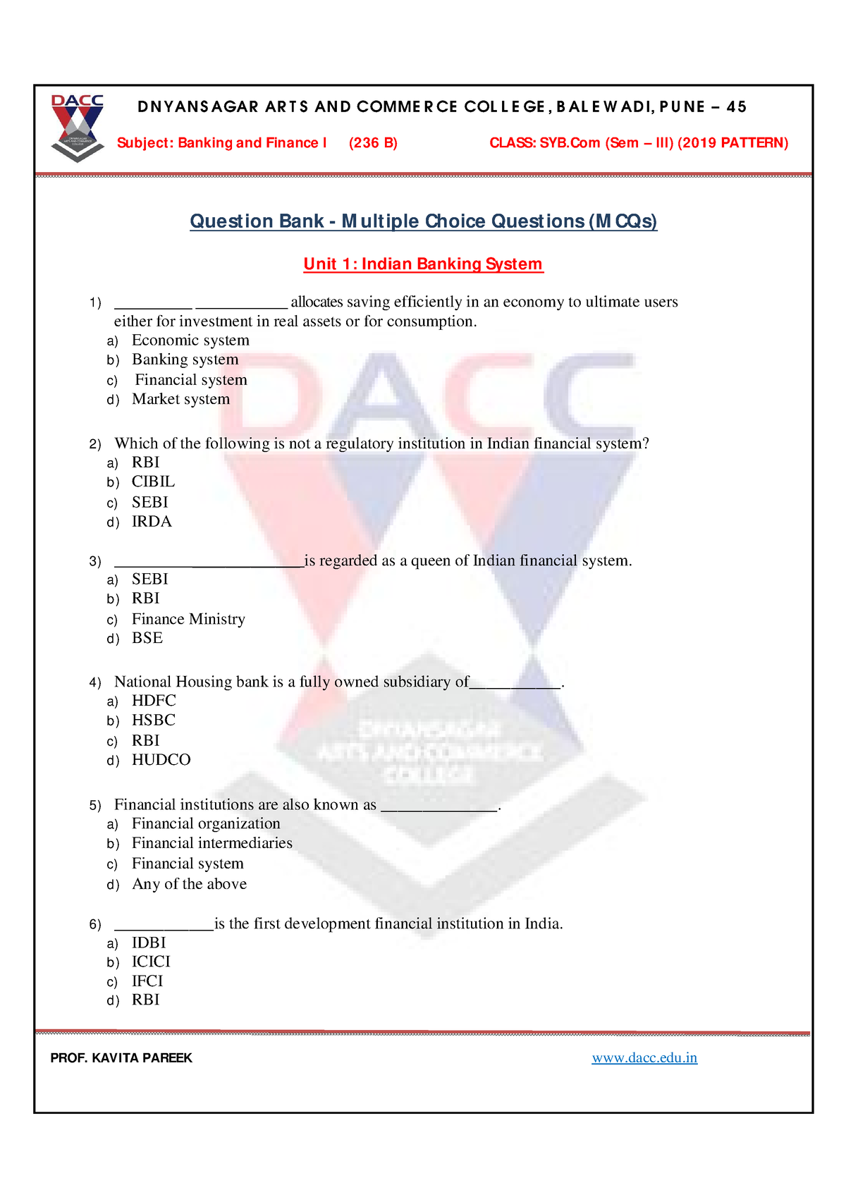 MCQs 236B Banking Finance I - Subject: Banking And Finance I (236 B ...