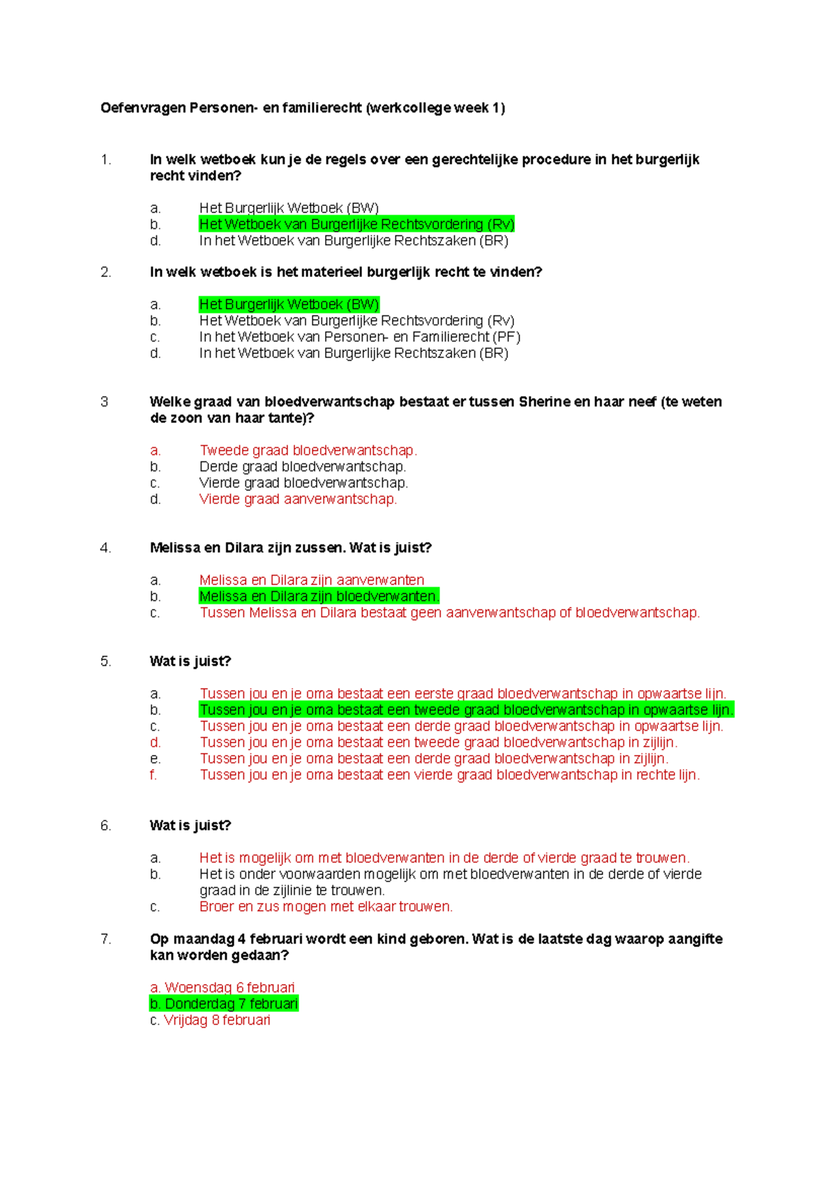 Oefenvragen Week Personen En Familierecht Oefenvragen Personen En