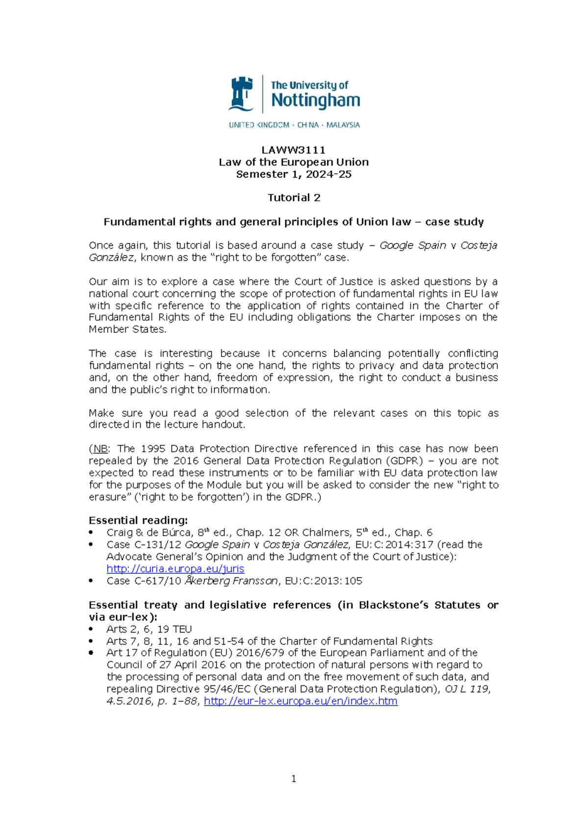 Tutorial 2 handout 202425 - LAWW Law of the European Union Semester 1 ...