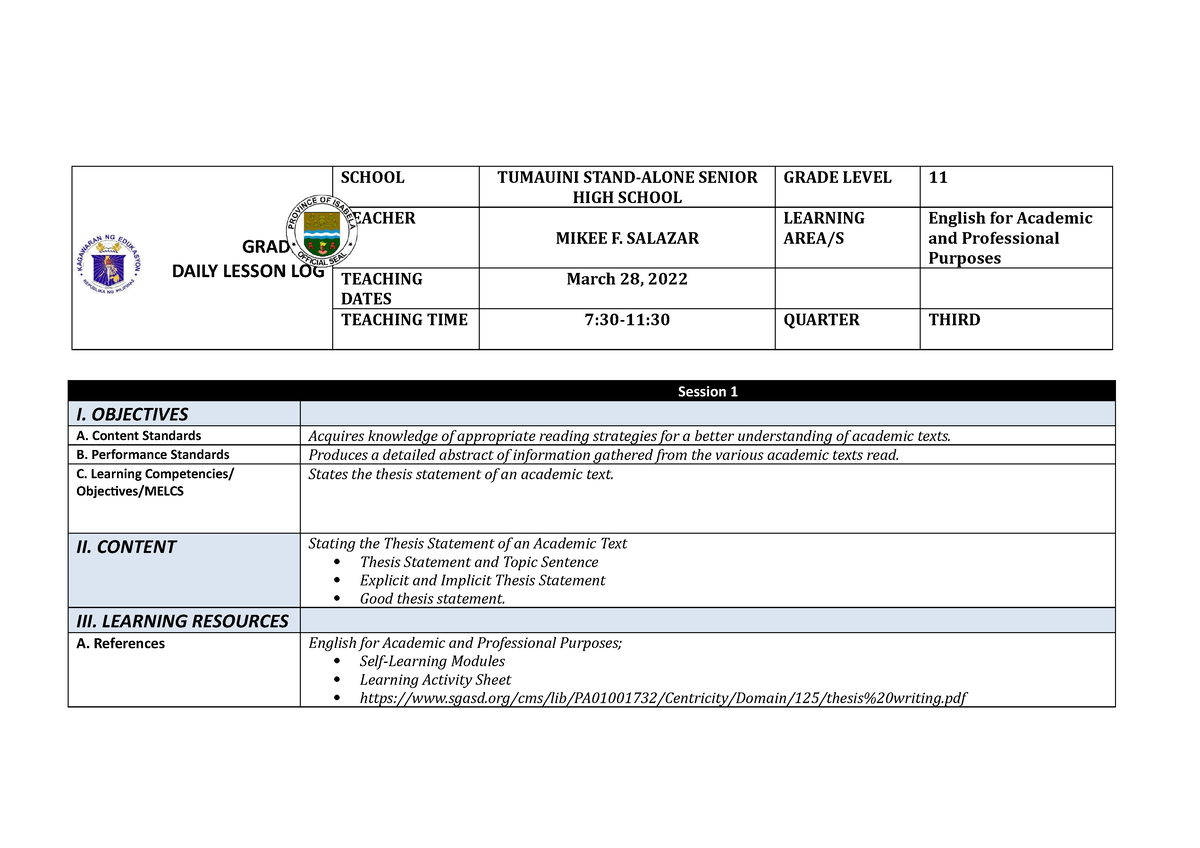 thesis statement module grade 11