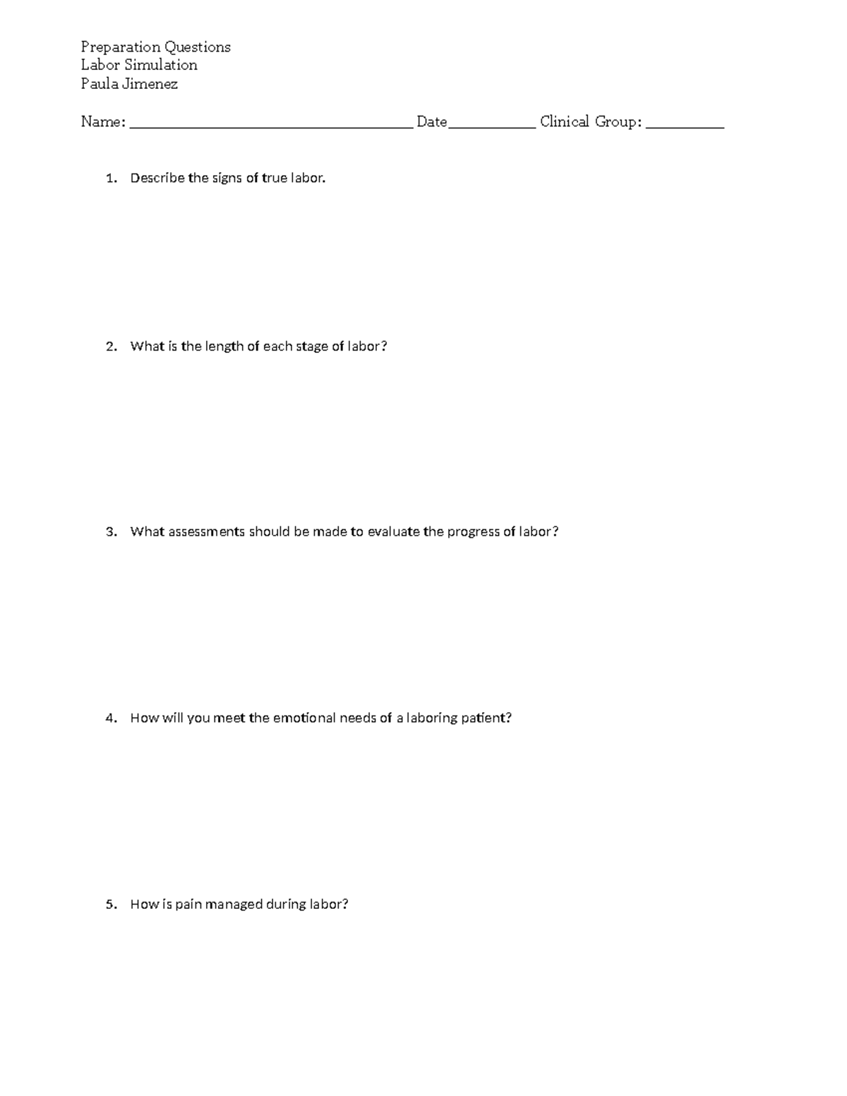 Prep questions normal labor preparation questions labor simulation
