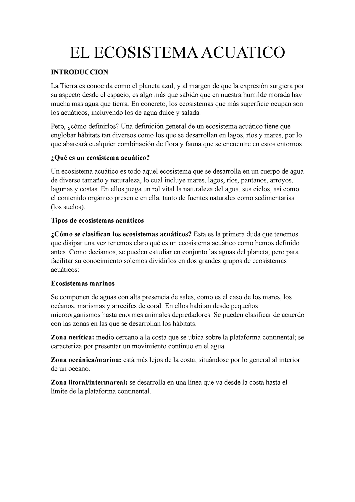 El Ecosistema Acuatico El Ecosistema Acuatico Introduccion La Tierra Es Conocida Como El 3282