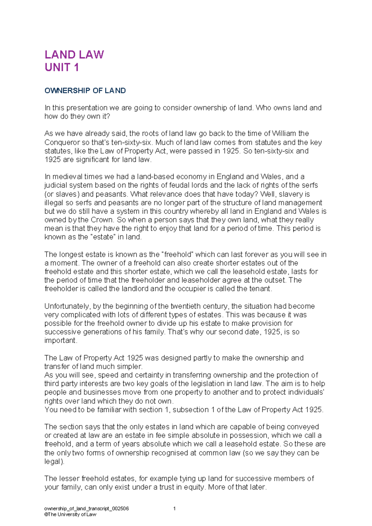 Land Law - Unit 1 - Prepare - Videos - “Ownership of Land” - Transcript ...