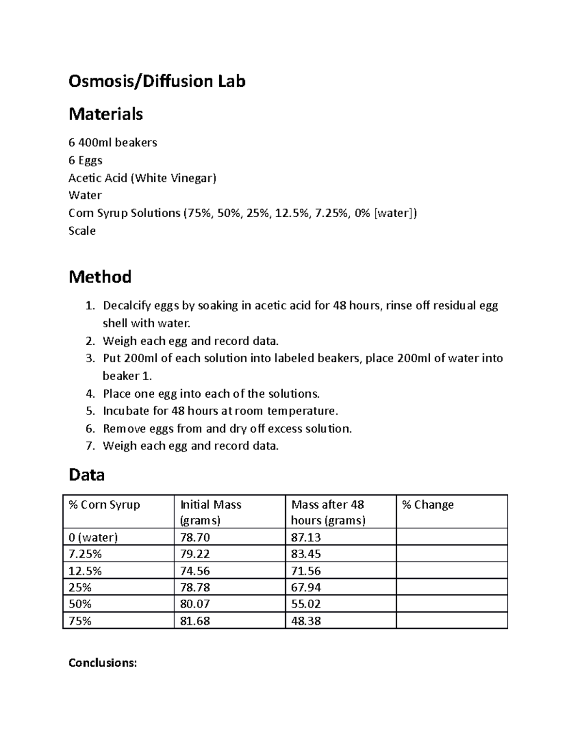 Osmosis Osmosis/Diffusion Lab Materials 6 400ml beakers 6 Eggs Acetic