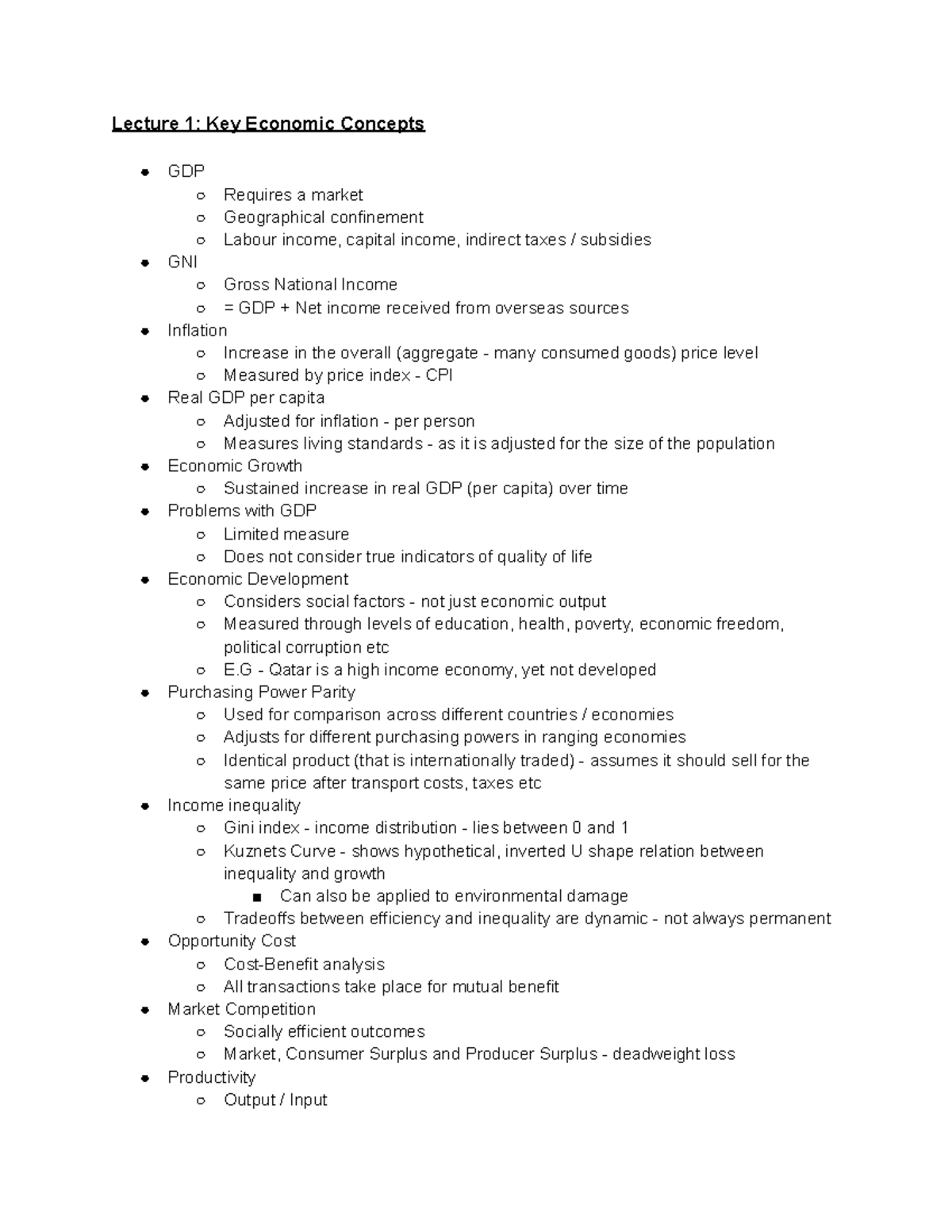 Lecture Notes - Lecture 1: Key Economic Concepts GDP Requires a market ...