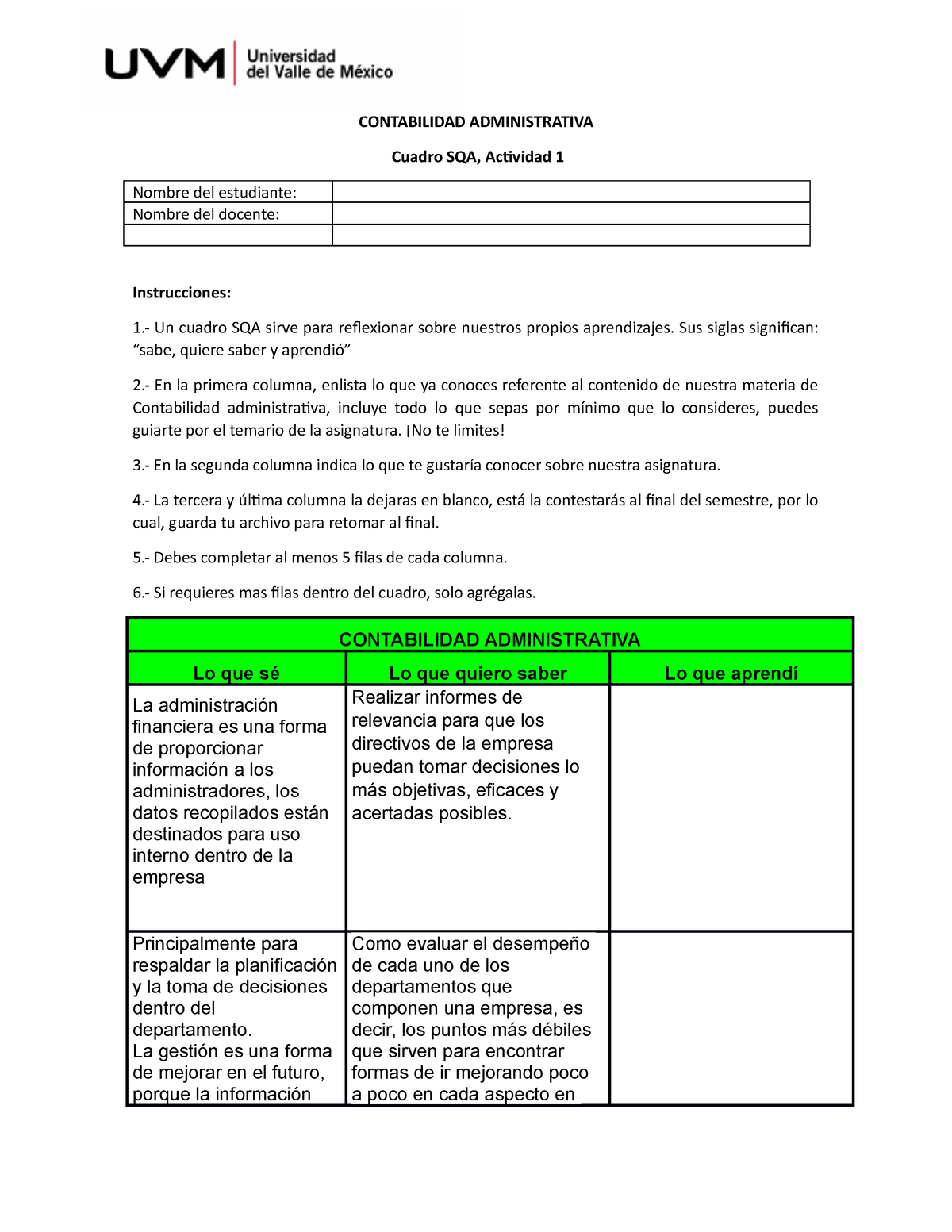 CA Actividad 1 - 1.- Un Cuadro SQA Sirve Para Reflexionar Sobre ...