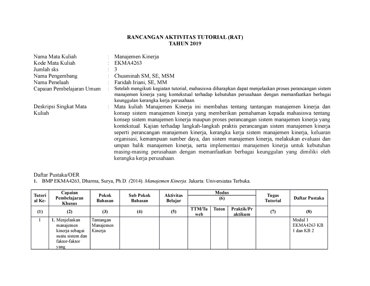 RAT Manajemen Kinerja - RANCANGAN AKTIVITAS TUTORIAL (RAT) TAHUN 2019 ...