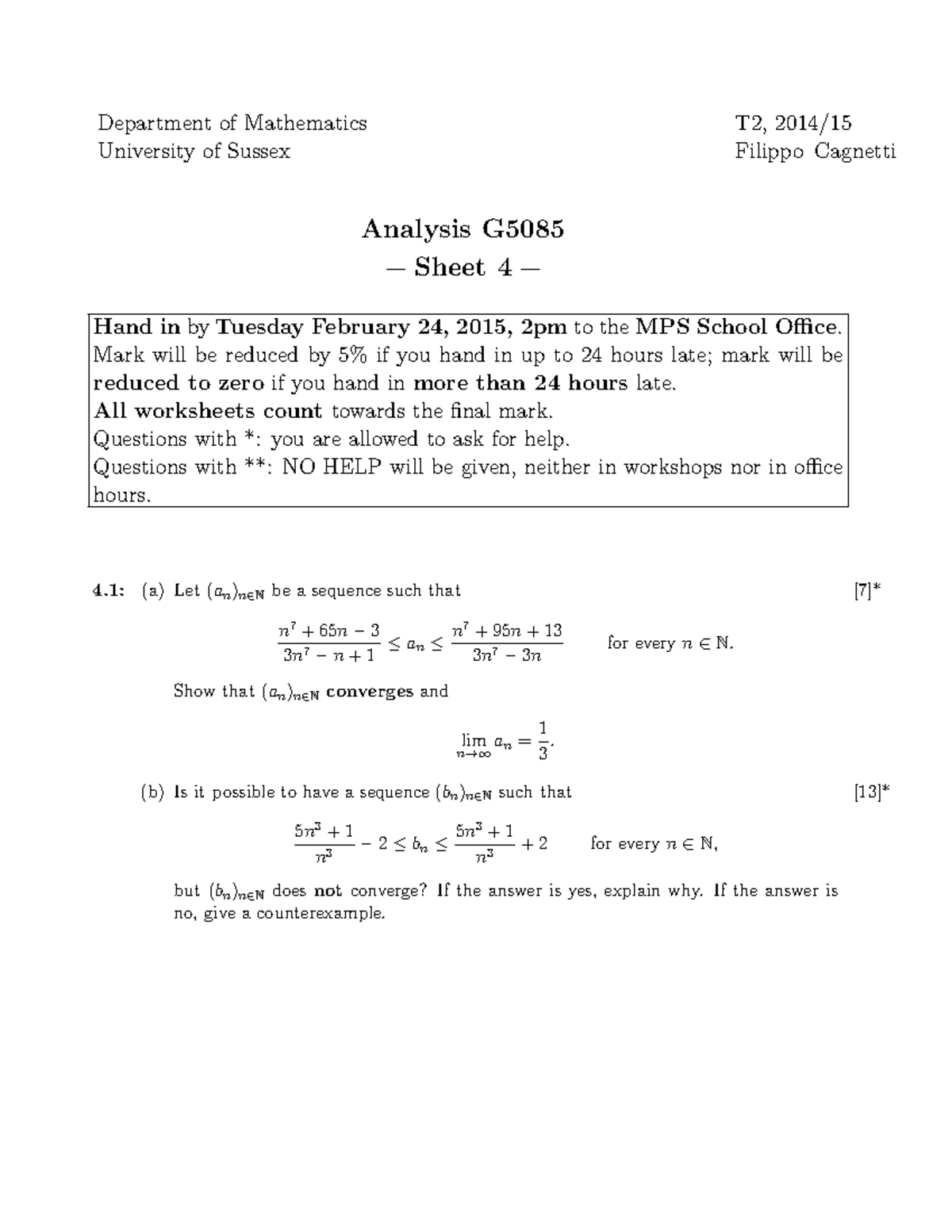 Worksheet 4 2015 Analysis 1 - Department of Mathematics University of ...