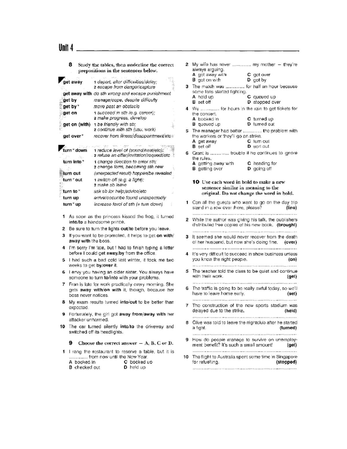 Phrasal Verbs Unit 4 plus key - Unit 4 8 Study the tables, then ...