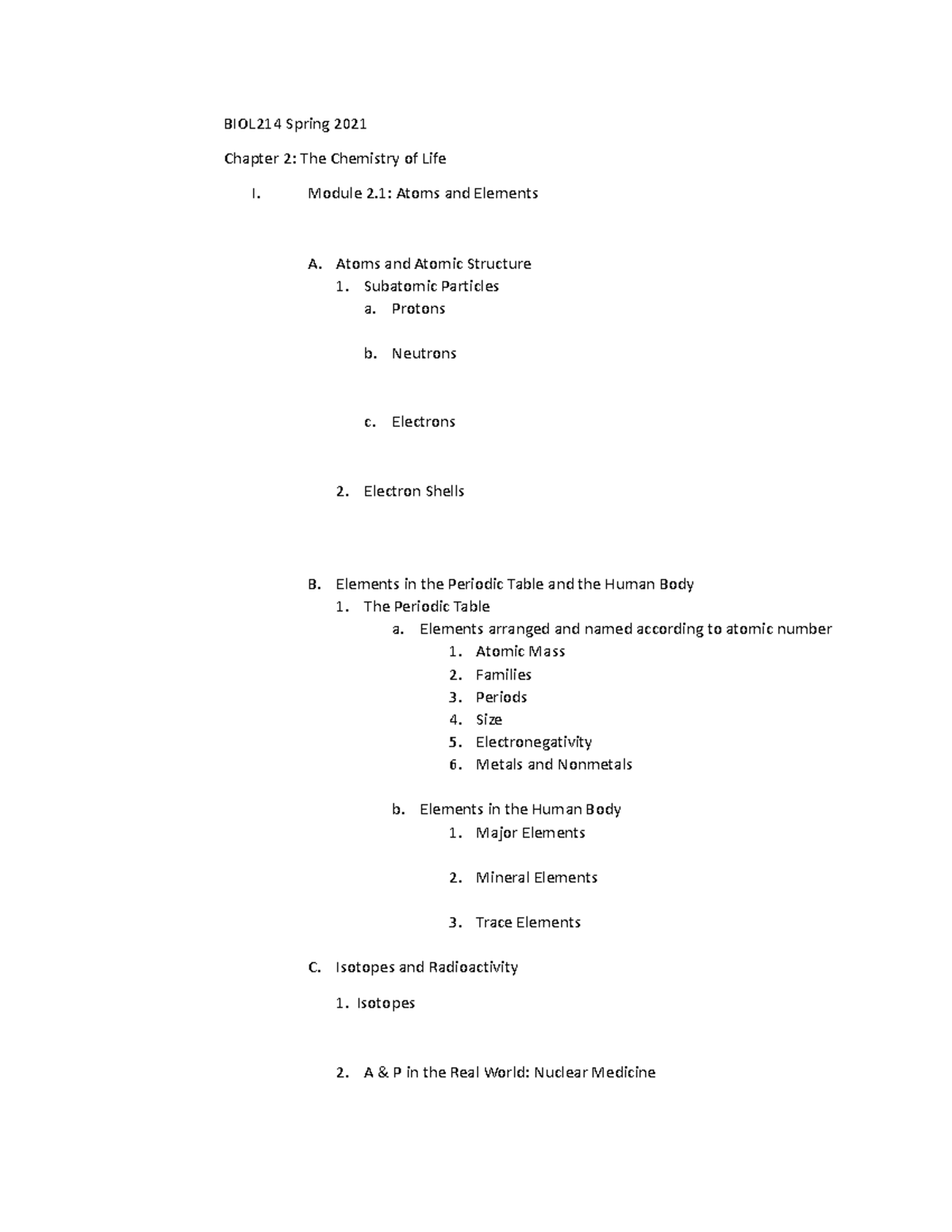 Chapter 2 Notes Chemistry of Life - BIOL214 Spring 2021 Chapter 2: The ...