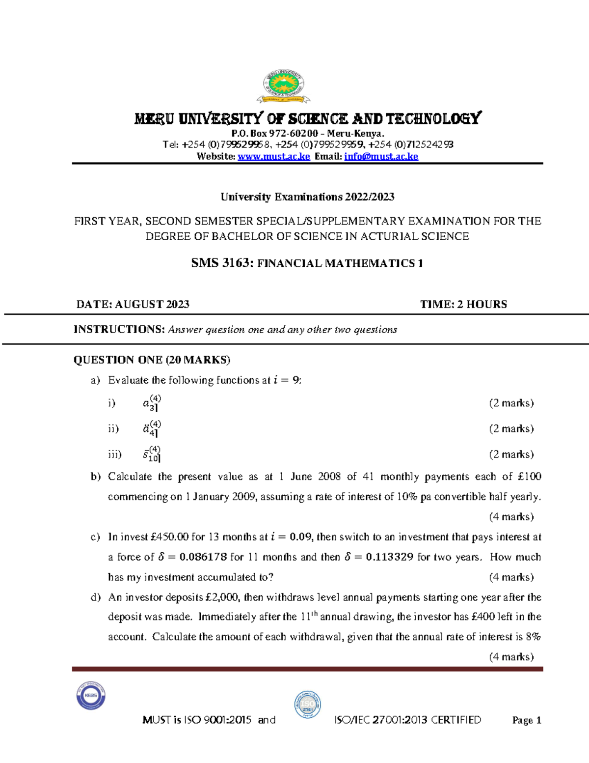 SMS 3163 Financial Mathematics I 1 2 - MUST is ISO 9001:2015MUST is ISO ...
