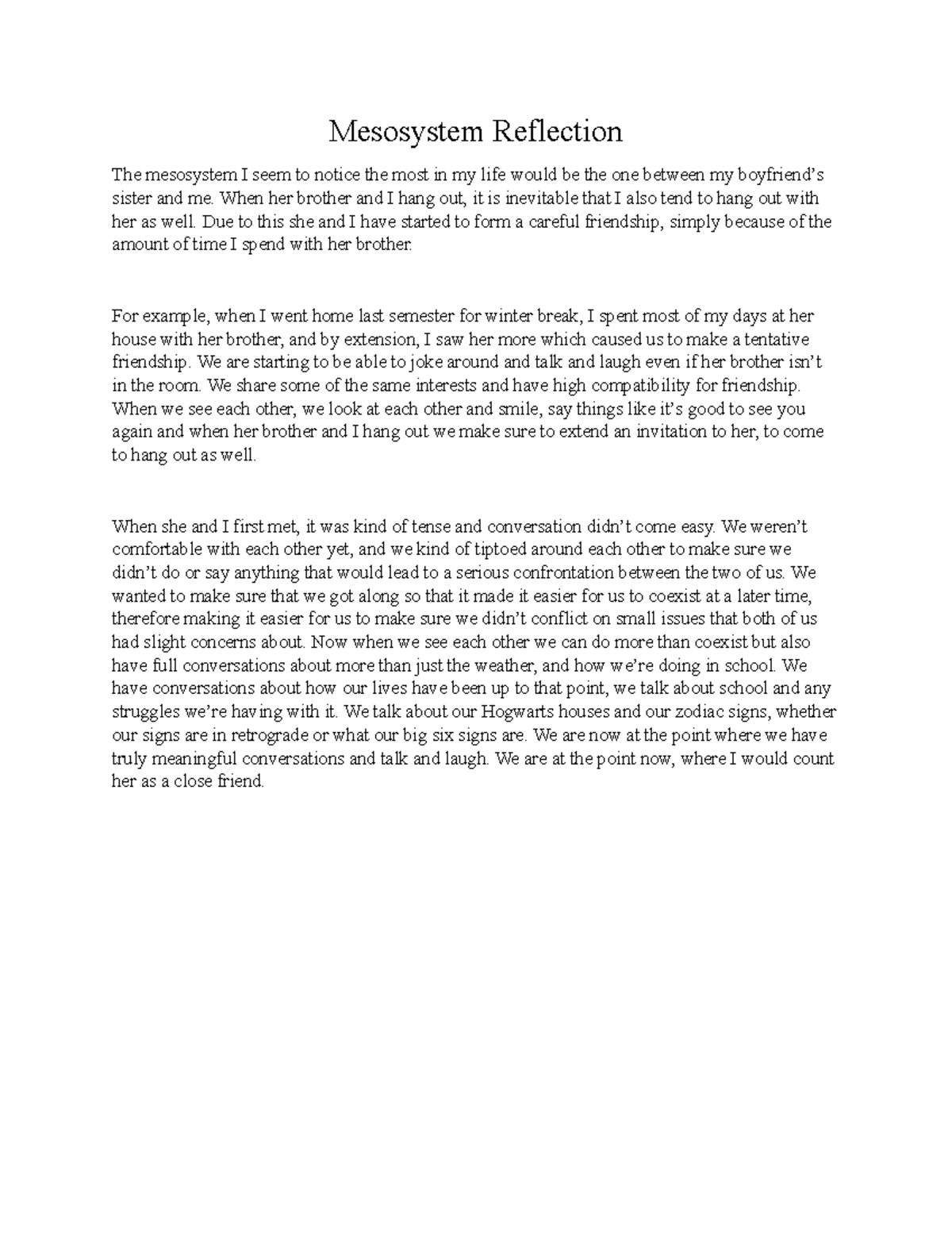 Mesosystem Reflection - When her brother and I hang out, it is ...