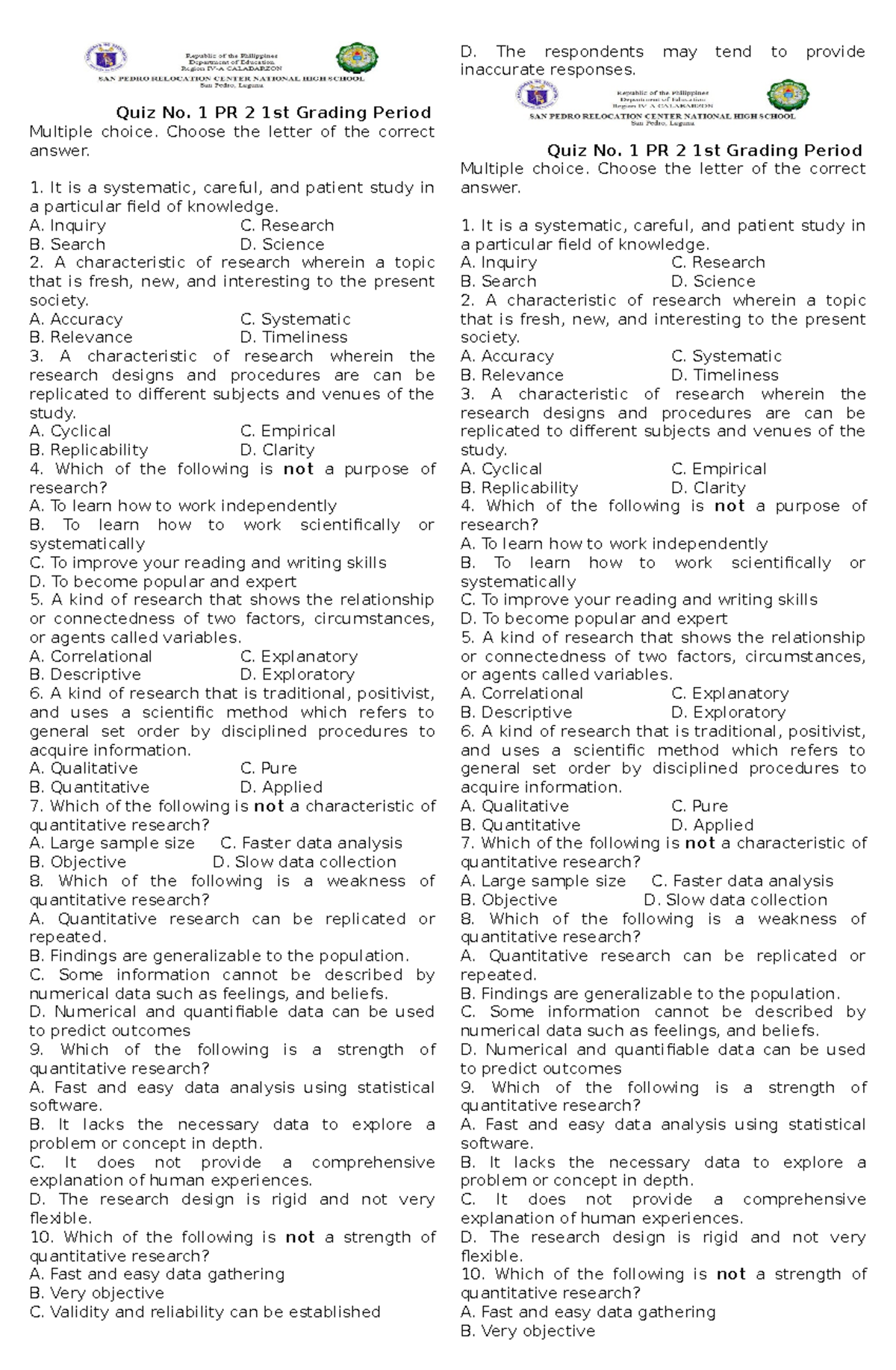 Quiz 1 PR 2 1st Grading - ... - Quiz No. 1 PR 2 1st Grading Period ...