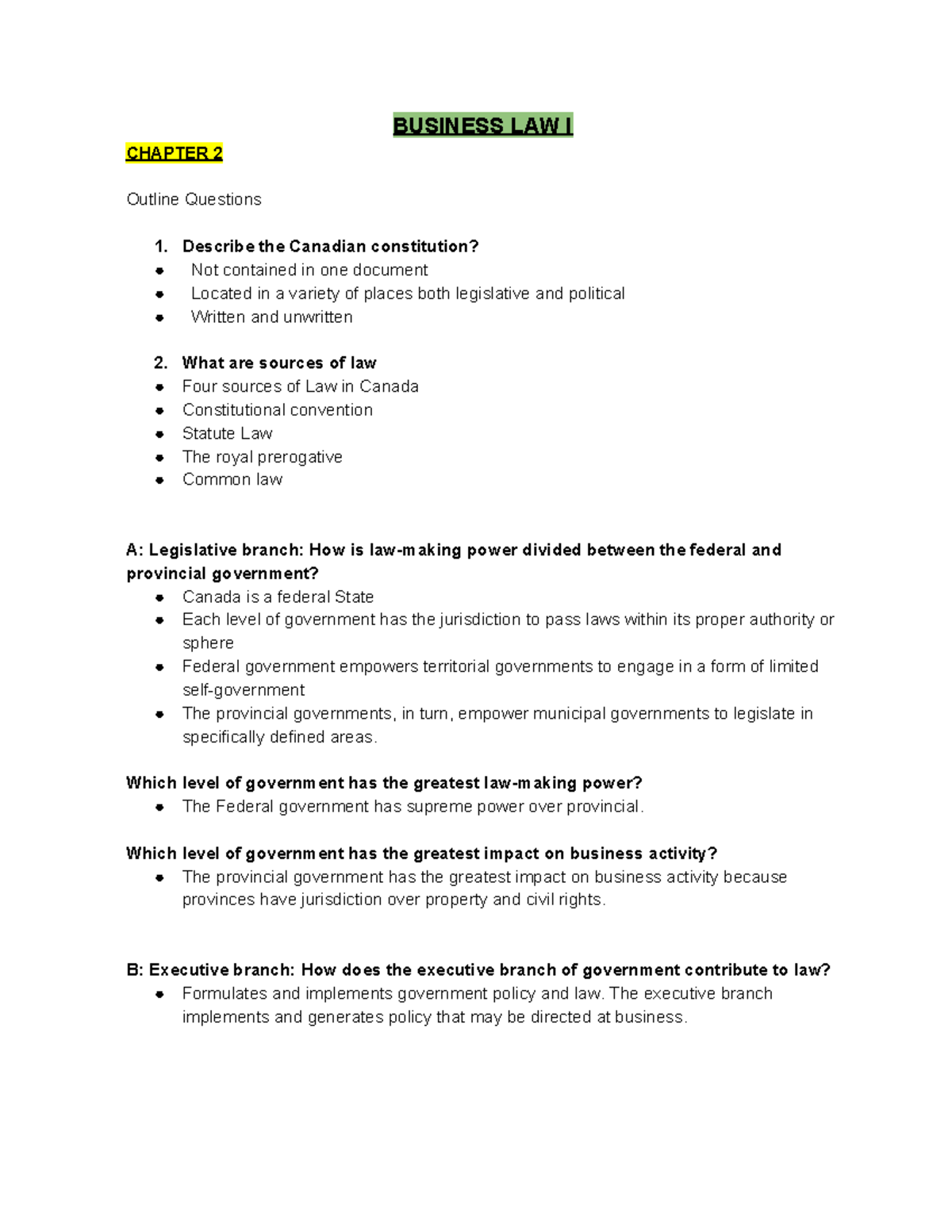 B-LAW - Lecture Notes 1-11 - BUSINESS LAW I CHAPTER 2 Outline Questions ...