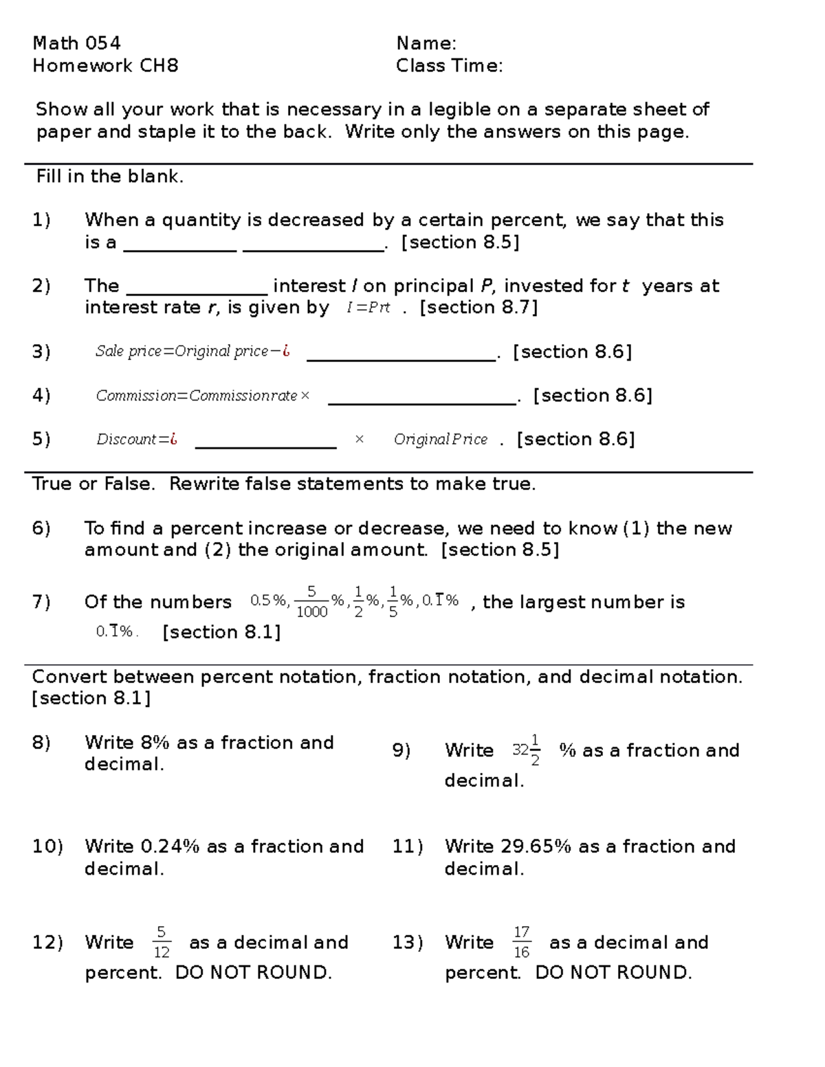 Math 054 Chapter 8HW - Math 054 Homework CH8 Name: Class Time: Show all  your work that is necessary - StuDocu