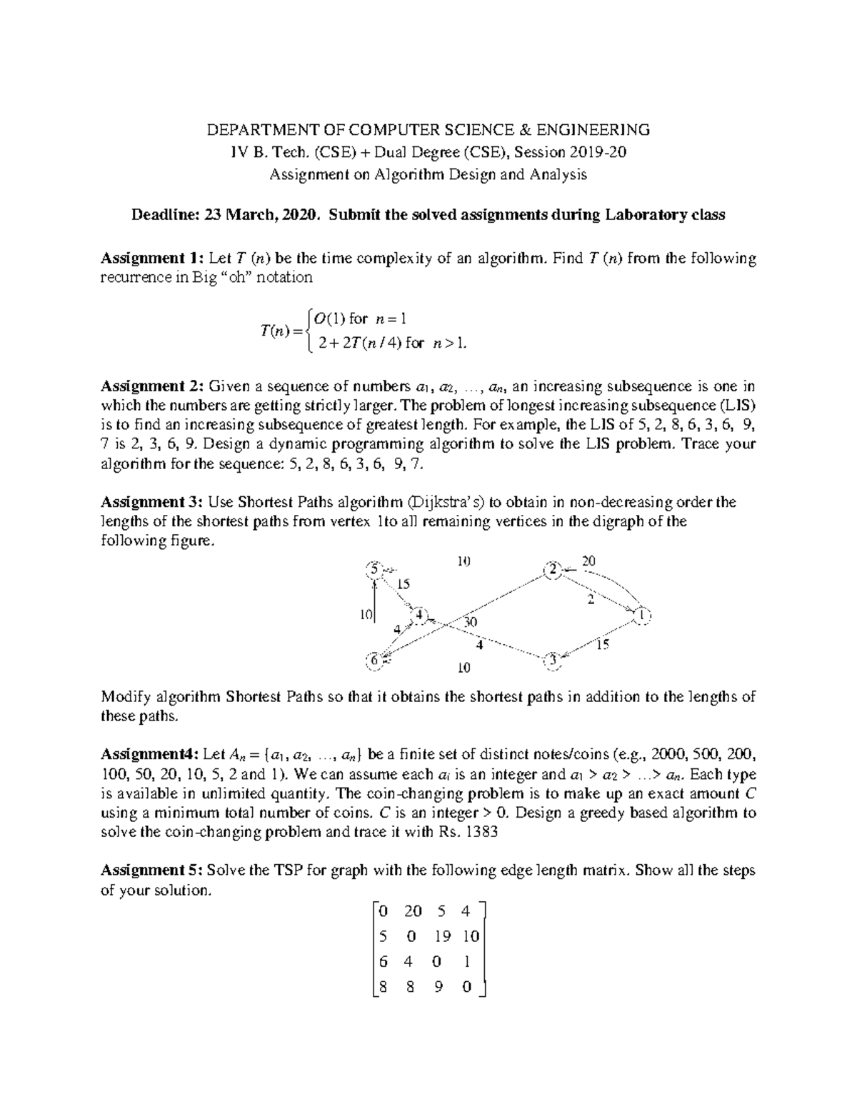 Algorithms Assignment - DEPARTMENT OF COMPUTER SCIENCE & ENGINEERING IV ...