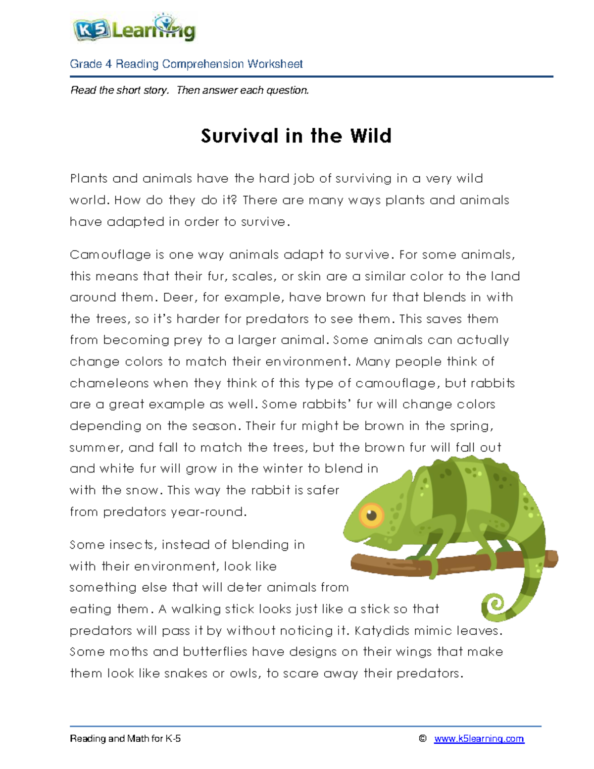 4th grade 4 reading survival in wild Read The Short Story Then 