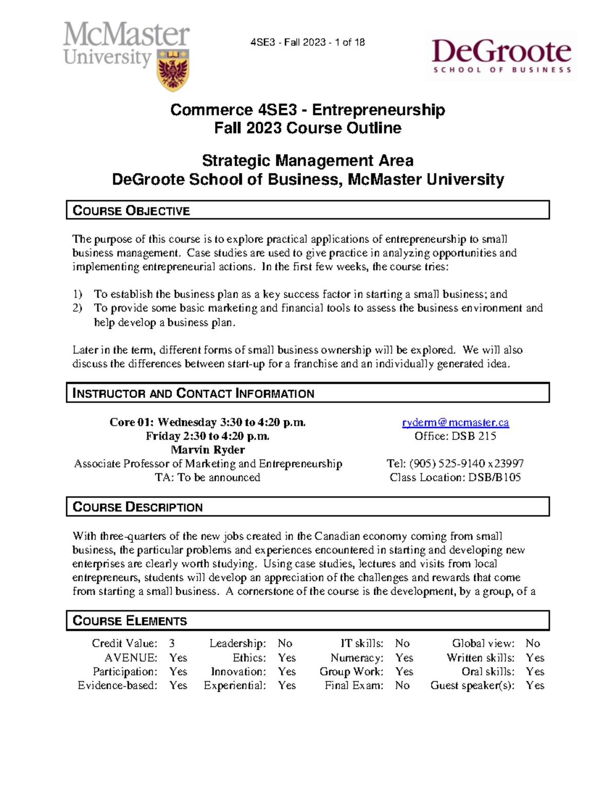 COMMERCE 4SE3 Course Outline - Commerce 4SE3 - Entrepreneurship Fall ...