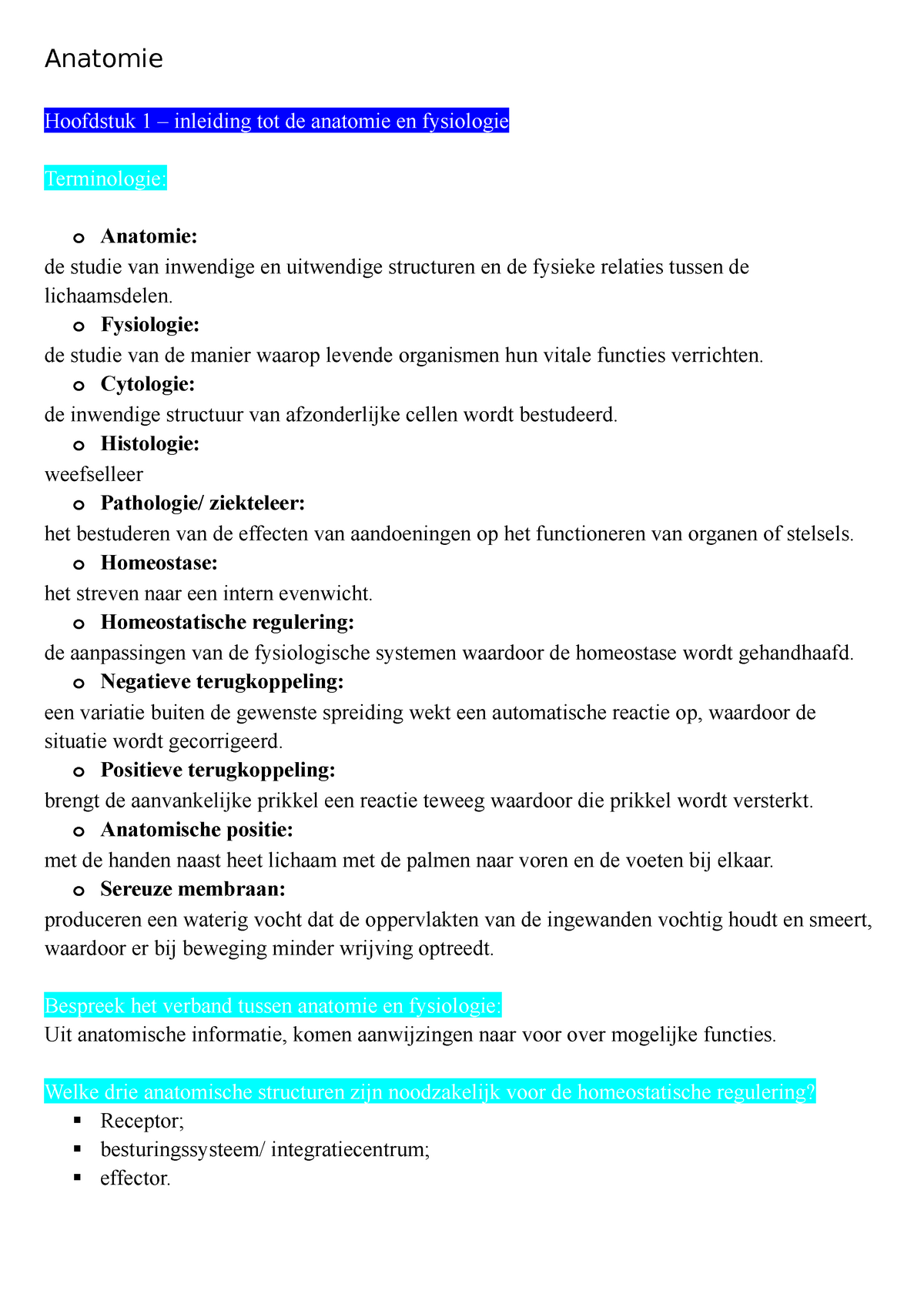 Hoofdstuk 1 - Inleiding Tot De Anatomie En Fysiologie - Anatomie ...