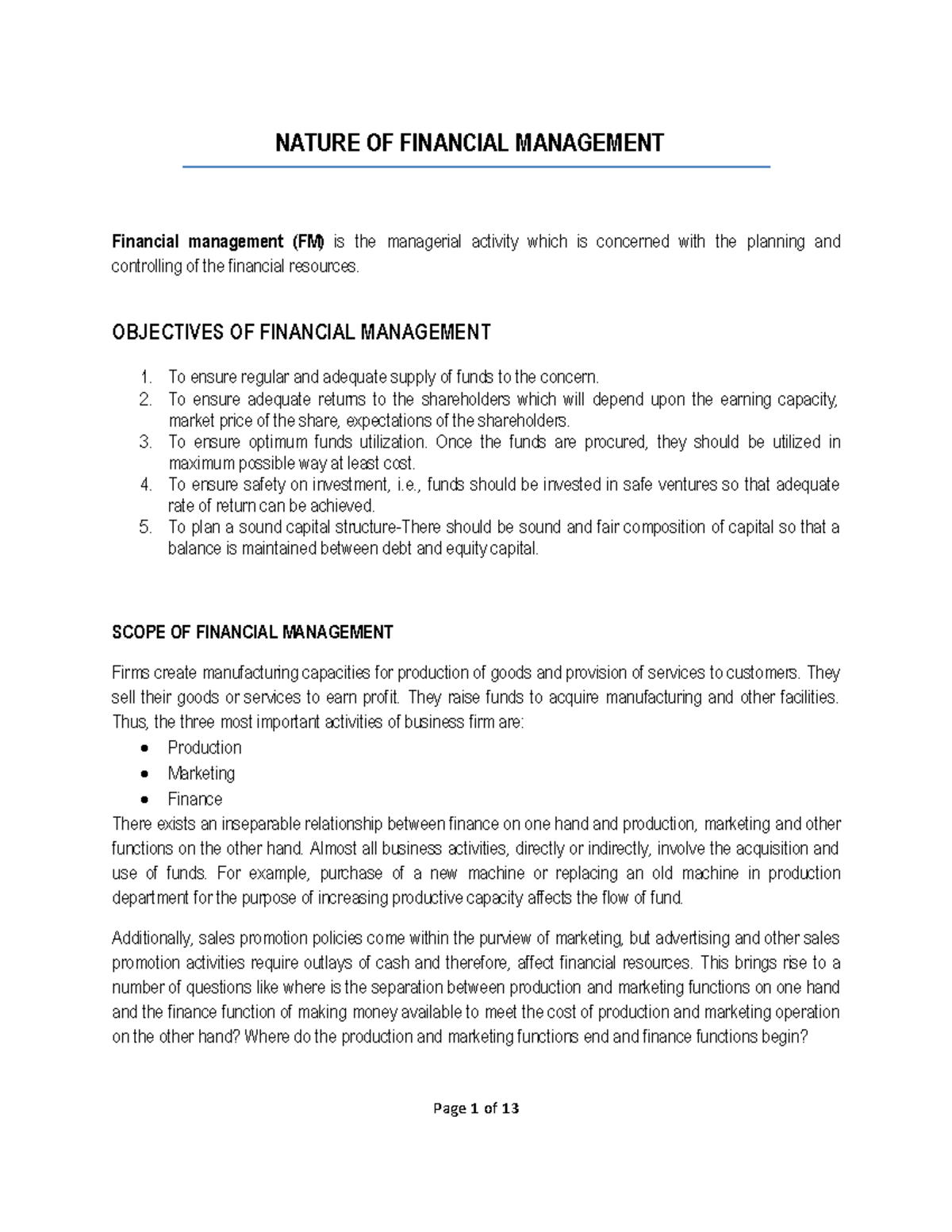 Topic 1 Nature OF Financial Management NATURE OF FINANCIAL MANAGEMENT