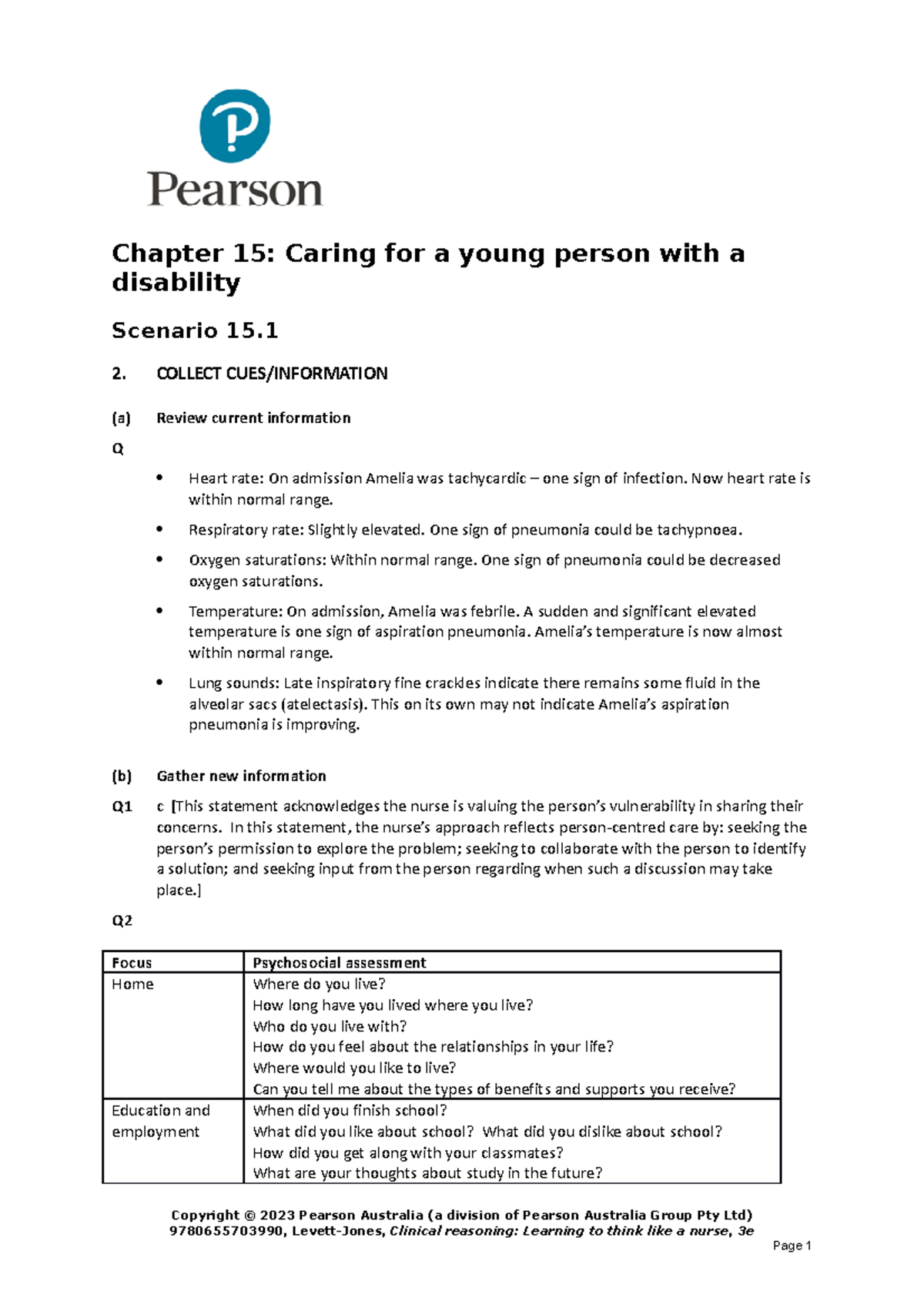 Chapter 15 Answers Clinical Reasoning Learning to think like a nurse 3rd edition Chapter 15
