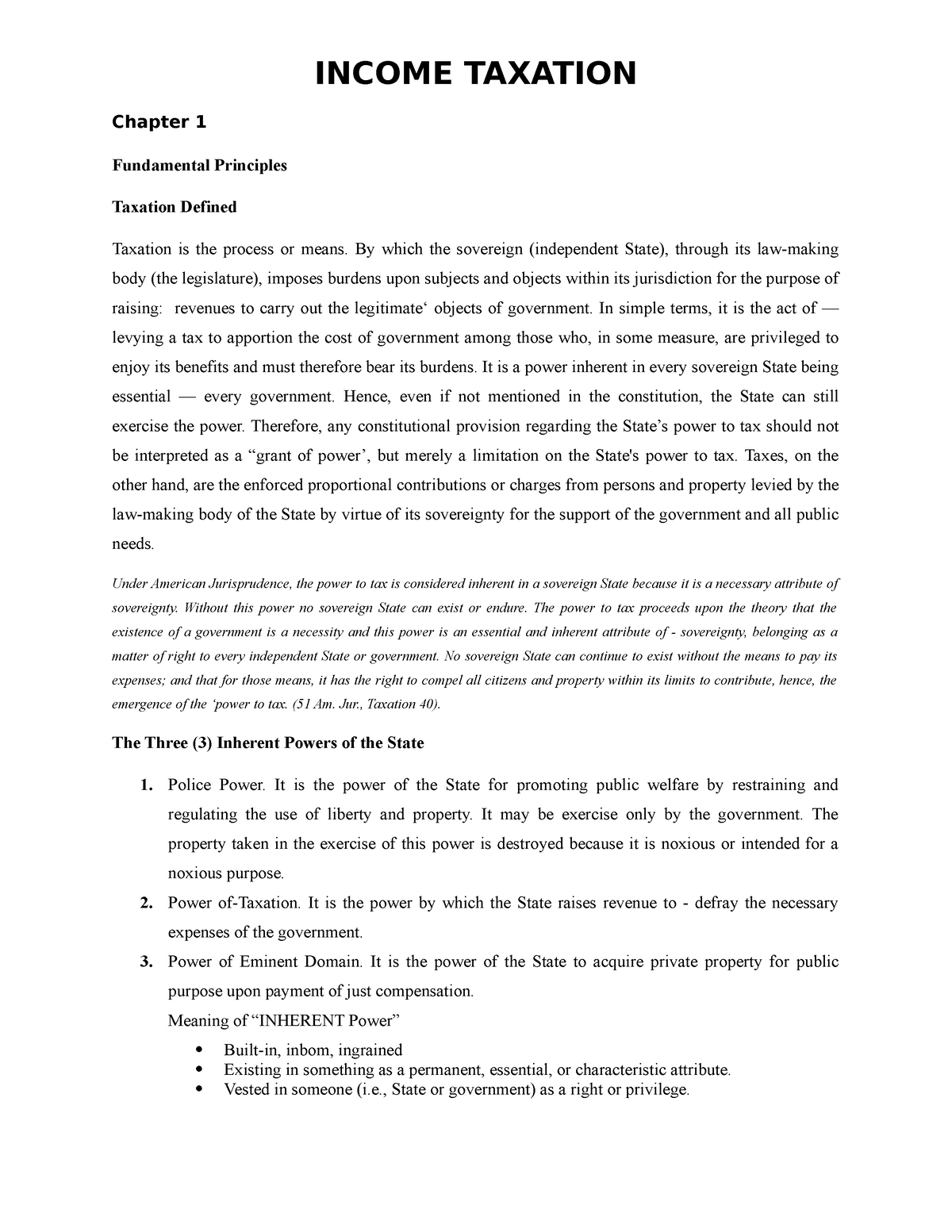 Chapter 1 - INCOME TAXATION Chapter 1 Fundamental Principles Taxation ...