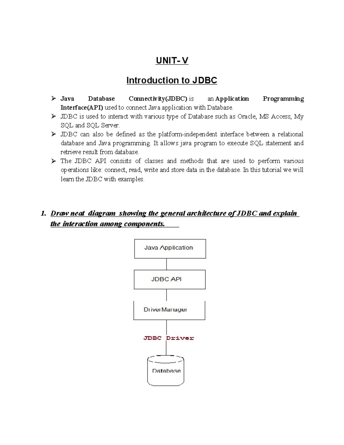 UNIT V - UNIT- V Introduction to JDBC Java Database Connectivity(JDBC ...