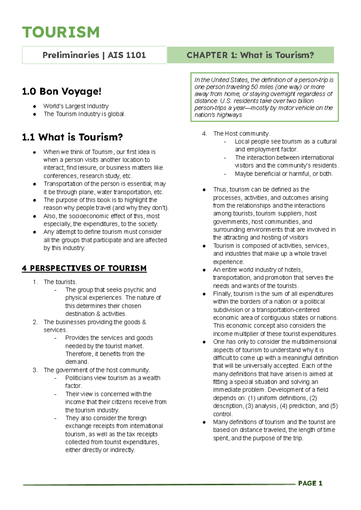 Tourism - Just notes - Preliminaries | AIS 1101 CHAPTER 1: What is ...
