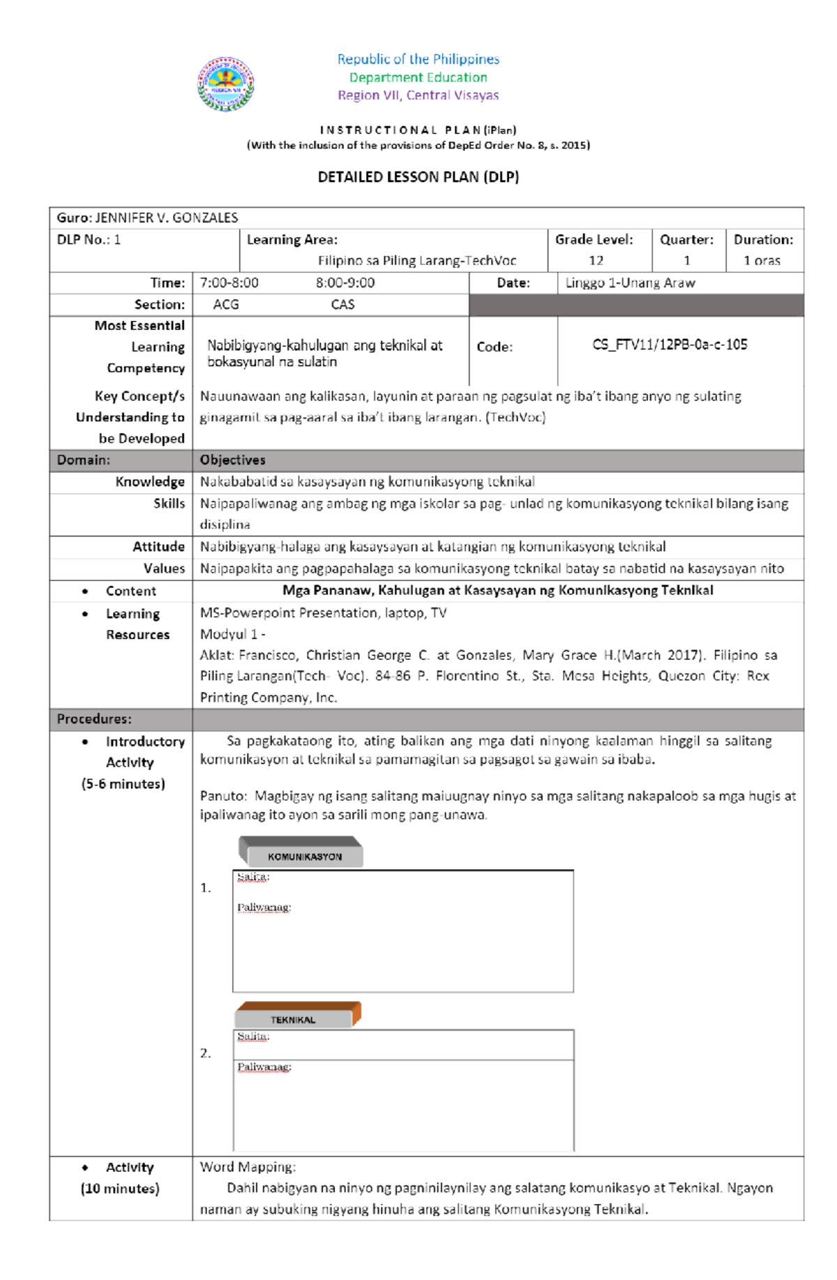 DLP- Filipino SA Piling Larang-TVL- Competency-1 - Secondary education ...