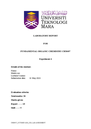 LAB REPORT ORGANIC CHEMISTRY CHM 457 - organic chemistry - UiTM - Studocu