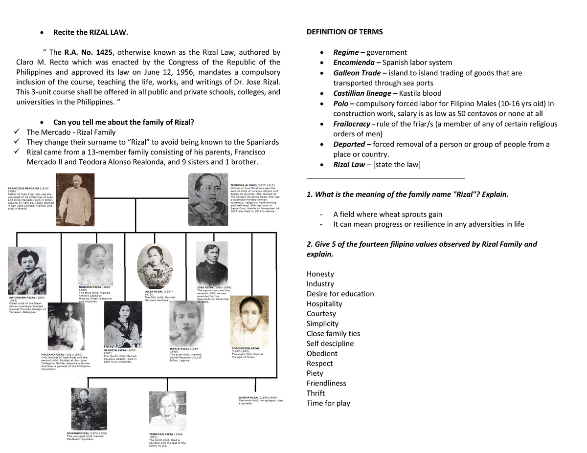 Notes ON Rizal - Recite the RIZAL LAW.