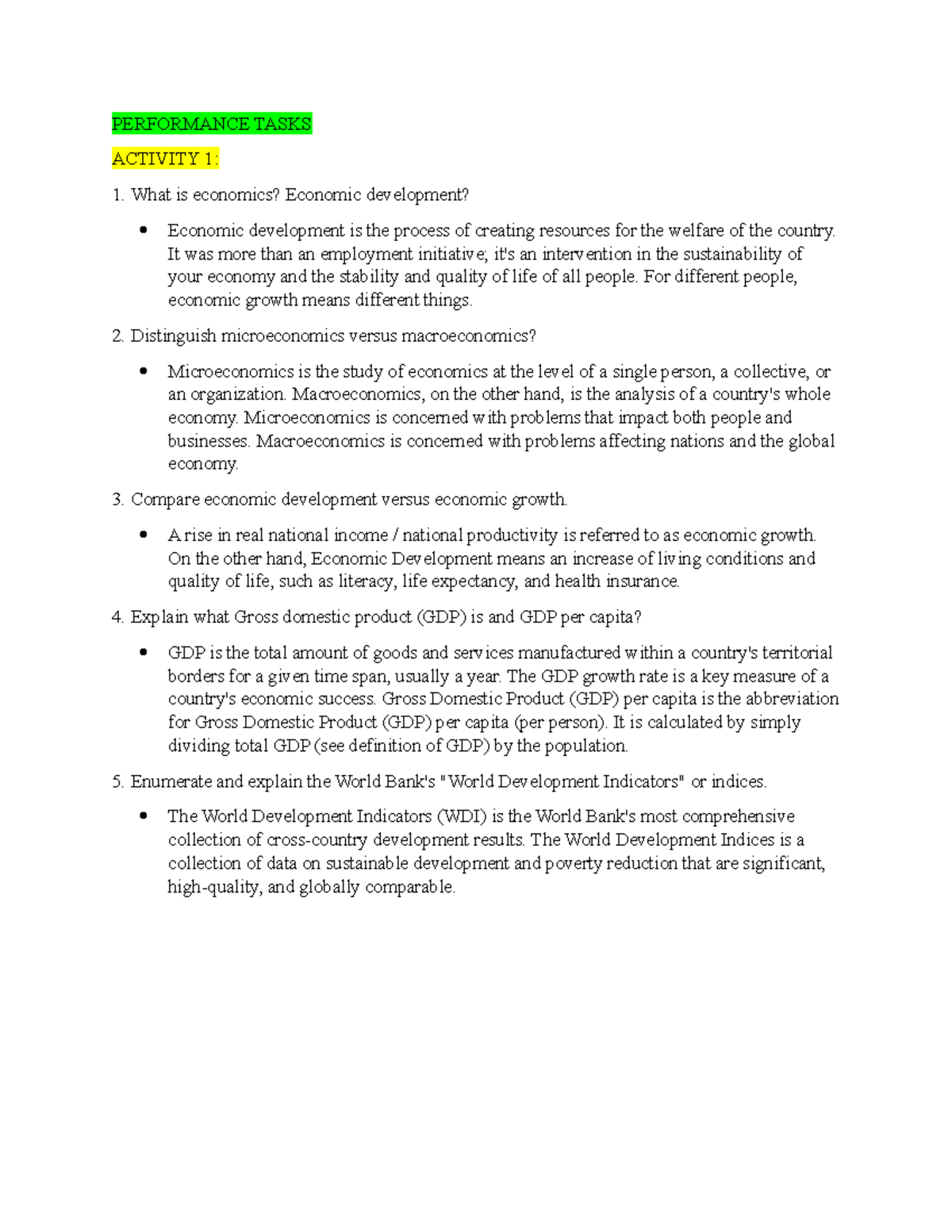 Econdev - Economic Development - PERFORMANCE TASKS ACTIVITY 1: What is ...