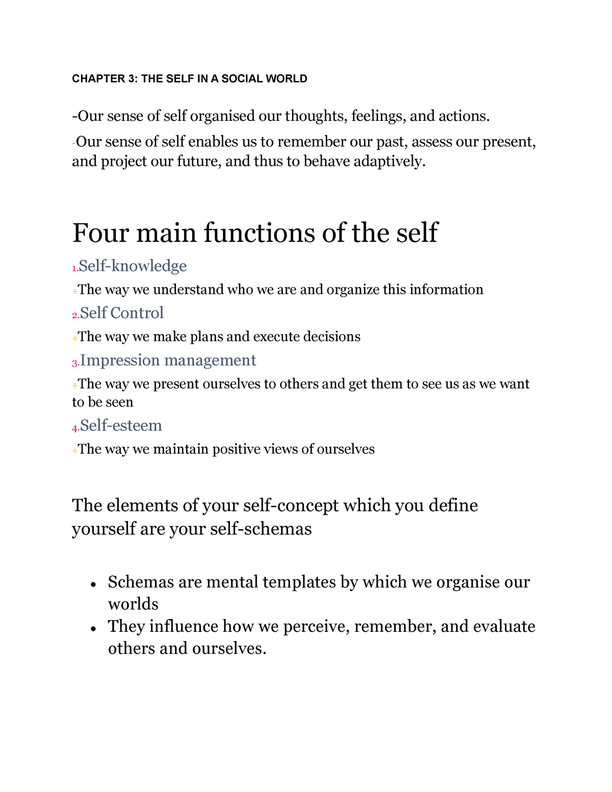 Chapter 3 - Lecturer Notes Summarized - CHAPTER 3: THE SELF IN A SOCIAL ...