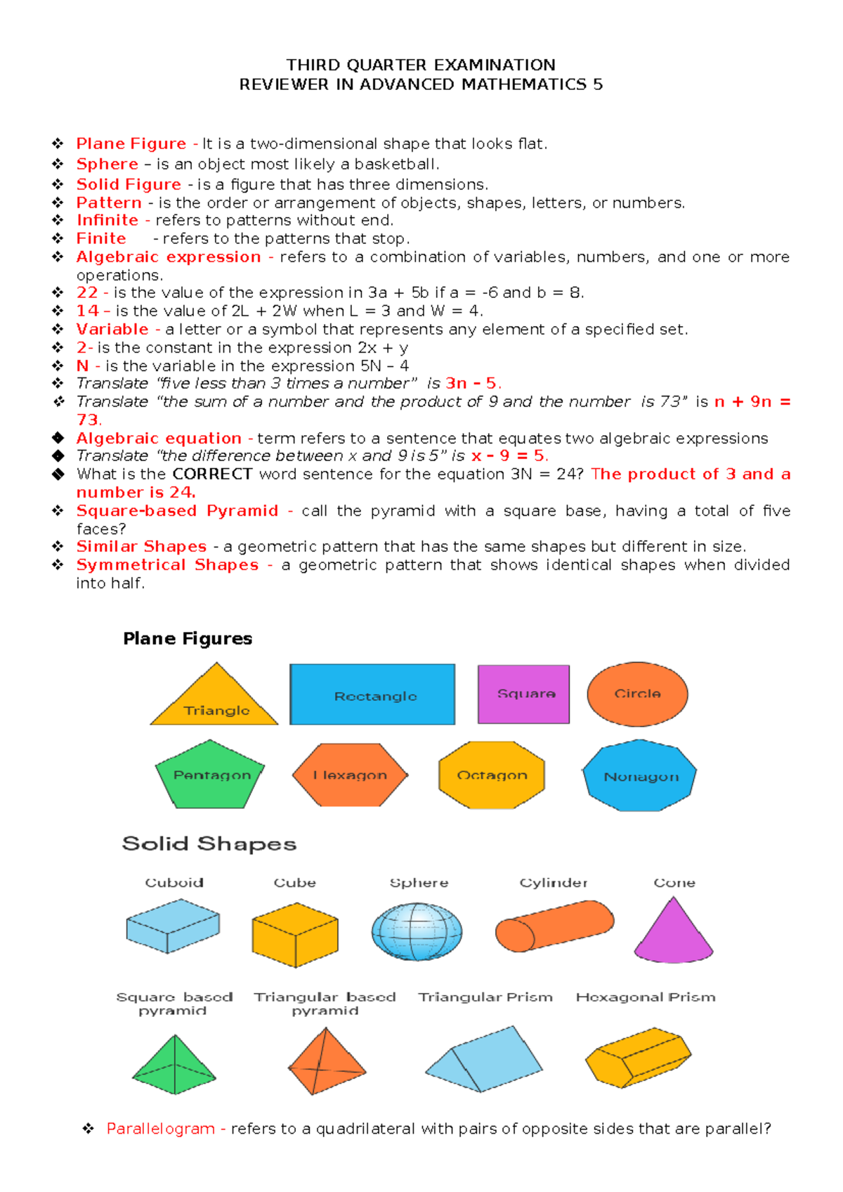 Reviewer IN Advanced MATH 5 1 - THIRD QUARTER EXAMINATION REVIEWER IN ...