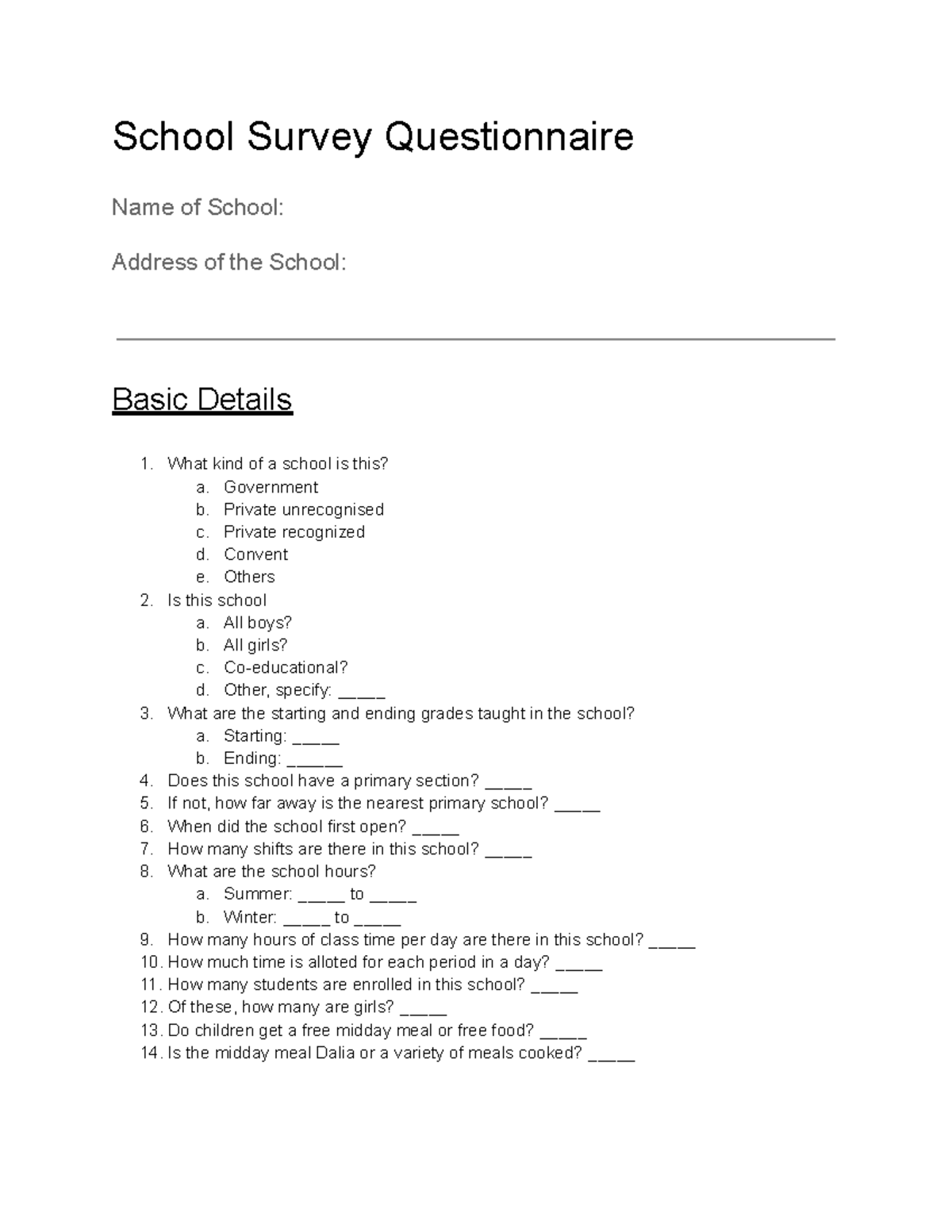 Questionnaire - School Survey Questionnaire Name of School: Address of ...