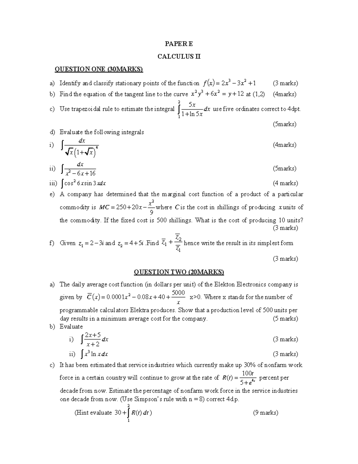 Paper E - To aid in the revision of calculus - PAPER E CALCULUS II ...