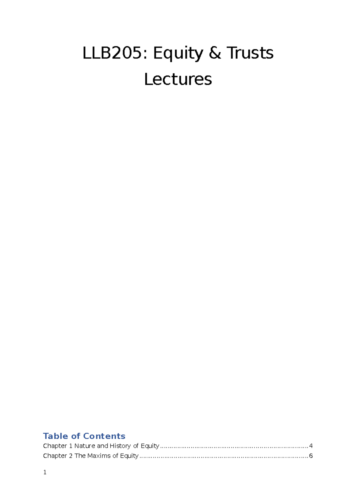 LLB205 Notes - LLB205: Equity & Trusts Lectures Table of Contents ...