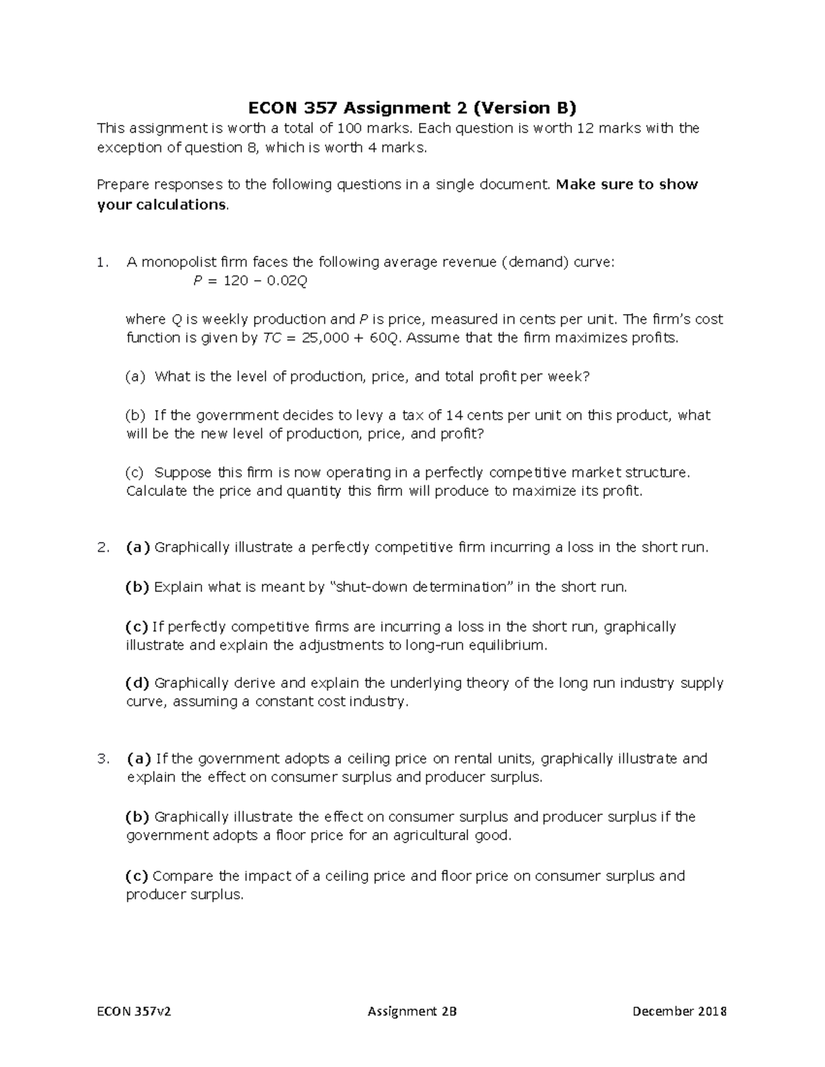 ECON 357v2 Assignment 2B Dec2018 - ECON 357 Assignment 2 (Version B ...