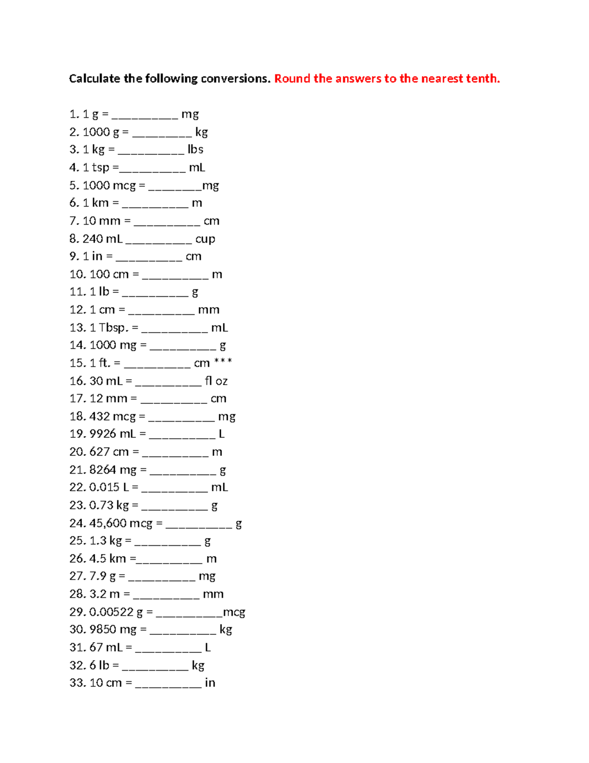 Dosage Calc. Practice - studyo - Calculate the following conversions ...