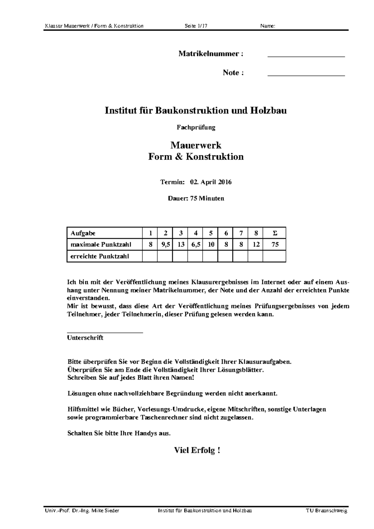 Klausur 2 April Wintersemester 2015 2016 Fragen Klausur Mauerwerk