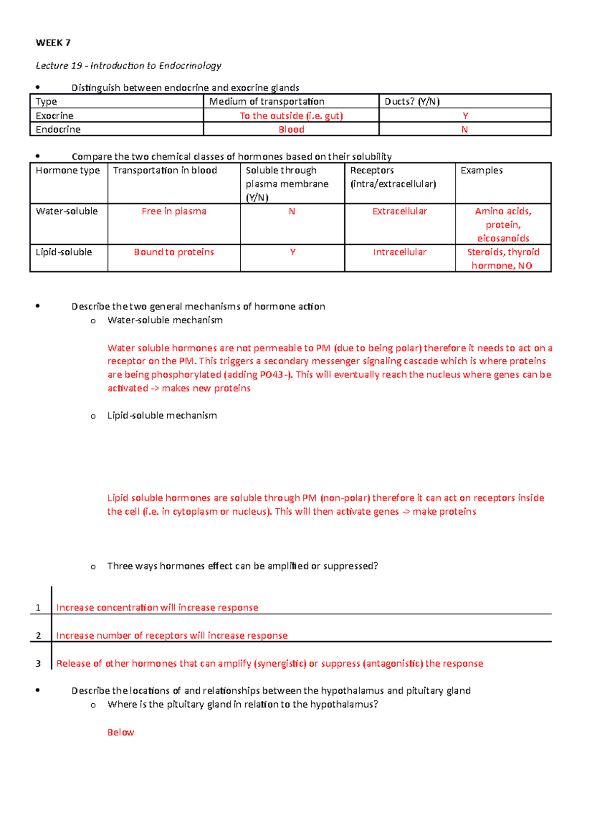 Week 7 answers - Endocrinology and hormones - WEEK 7 Lecture 19 ...