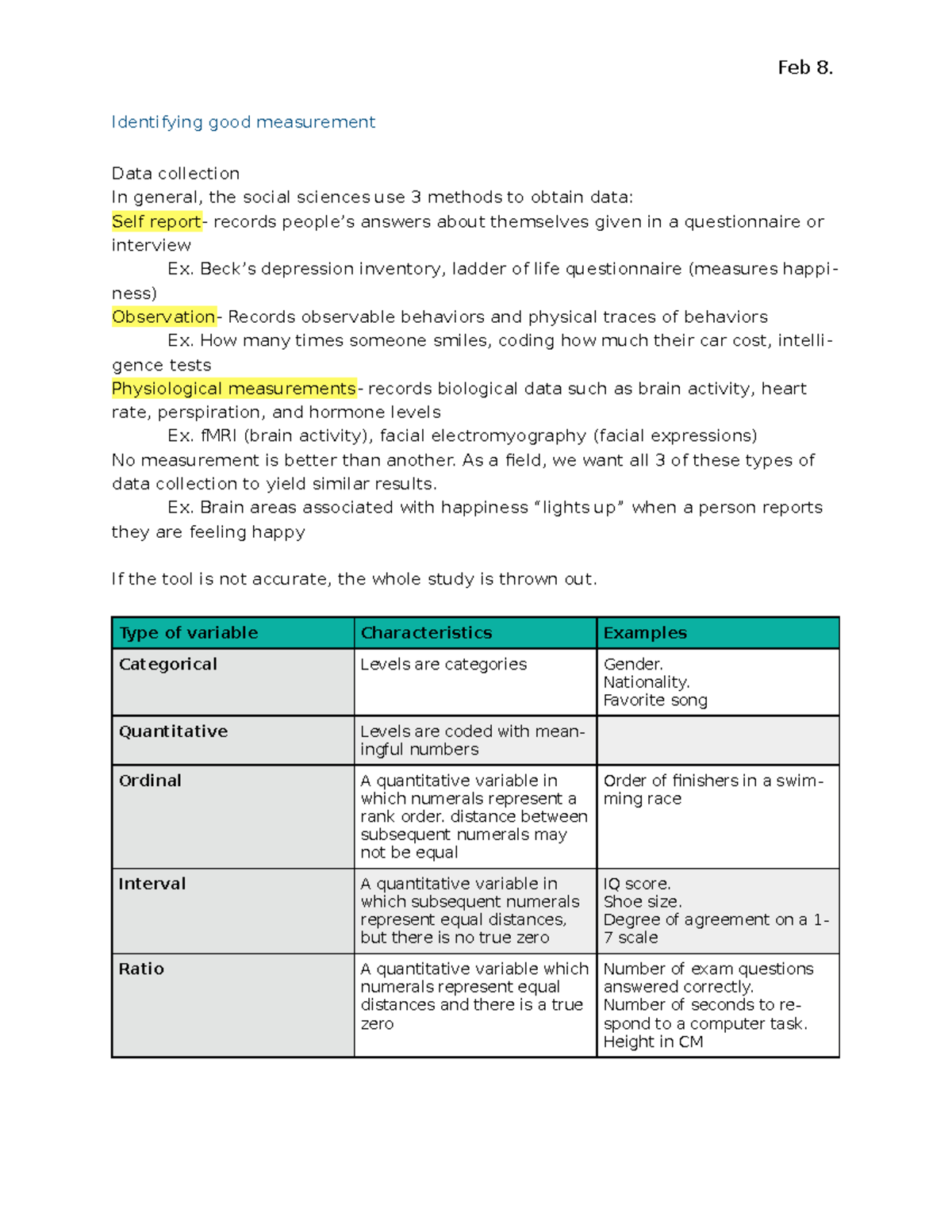 In class notes Quiz 2 - Feb 8. Identifying good measurement Data ...