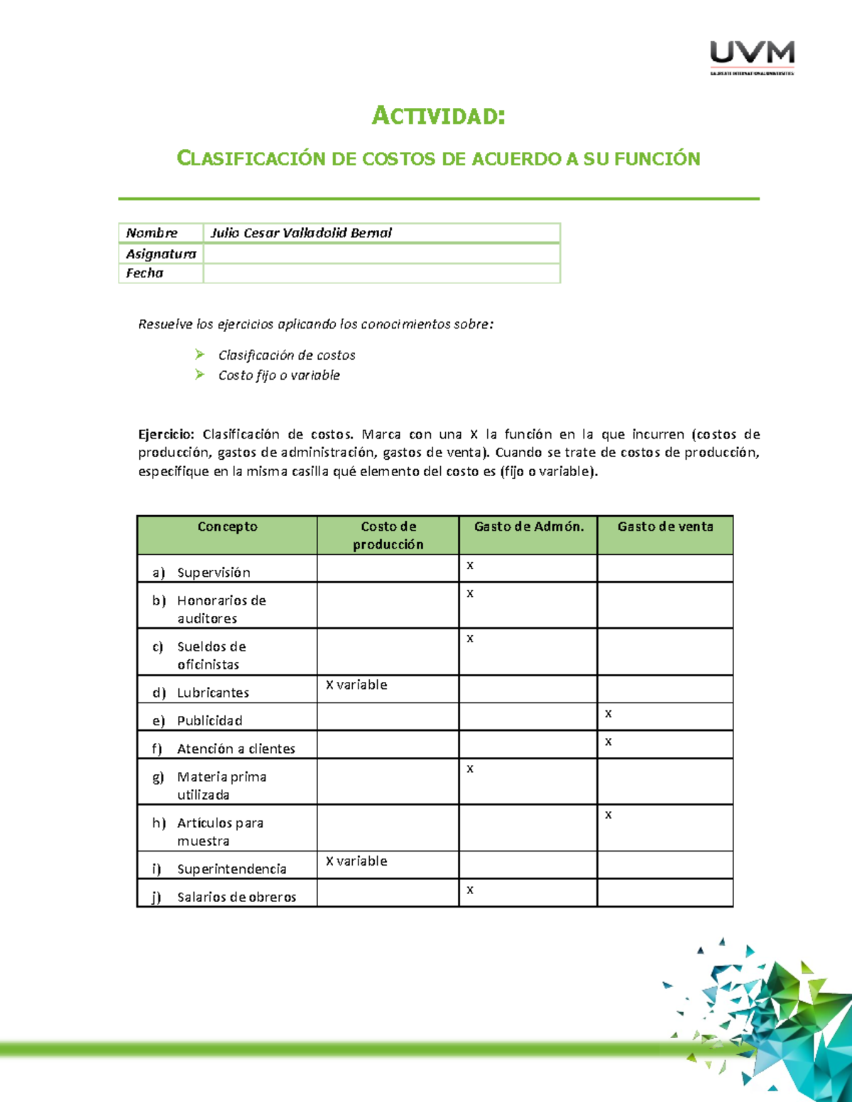 A Jcvb Clasificacion De Costos Actividad Clasificacin De Costos De Acuerdo A Su Funcin