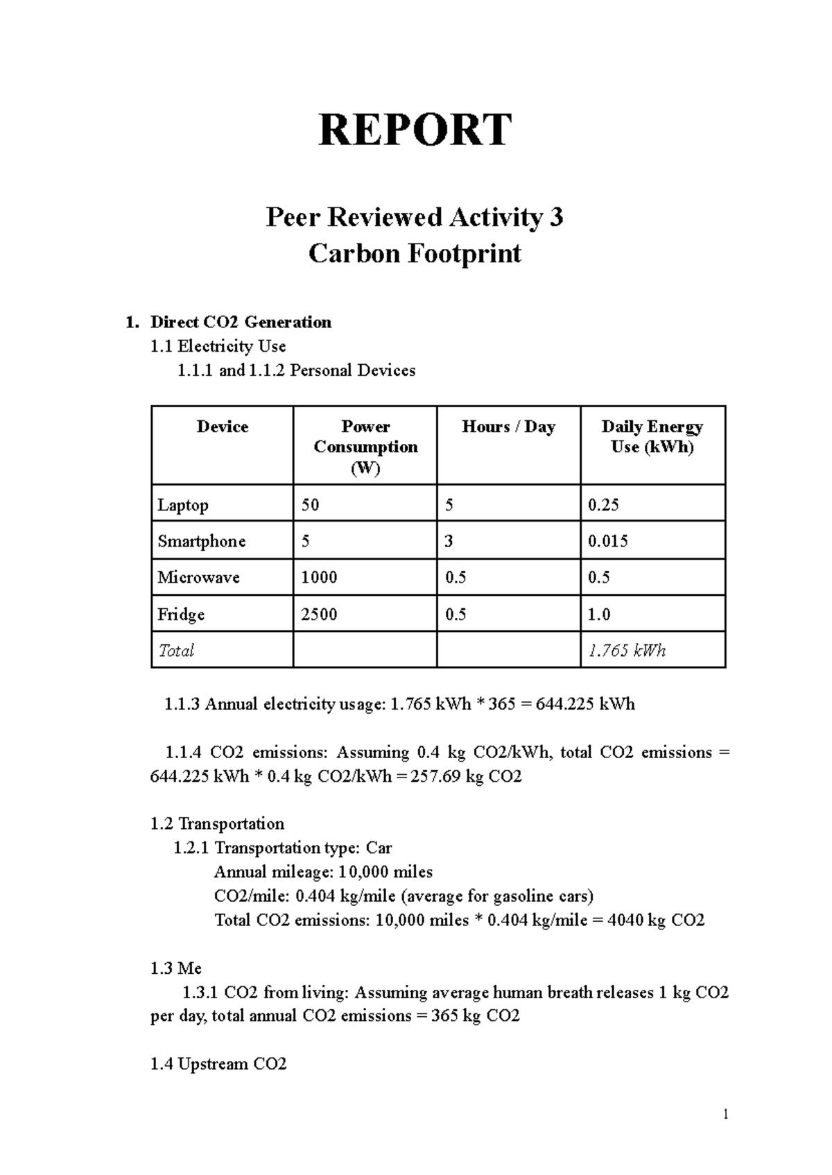 Module 3 Peer Activity - Carbon Footprint Calculation - REPORT Peer ...