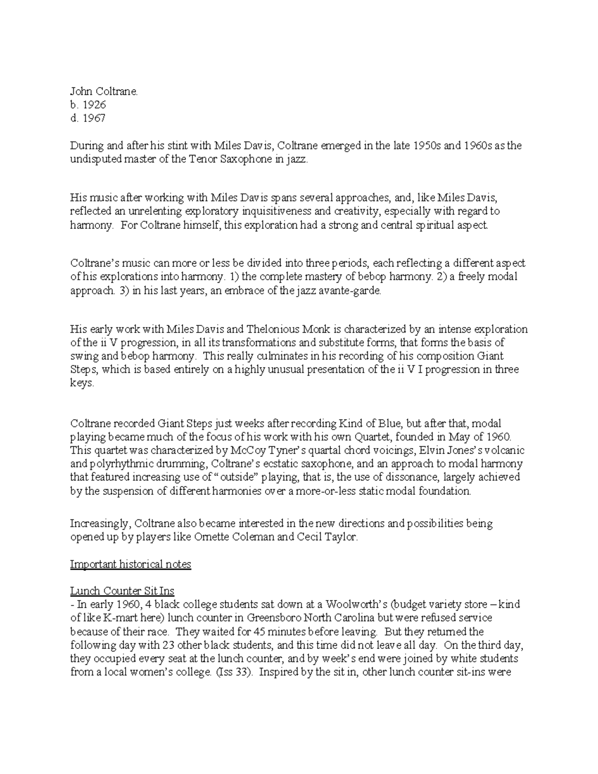 Handy+notes+for+Intro+to+Jazz+lecture+12 - John Coltrane. b. 1926 d ...